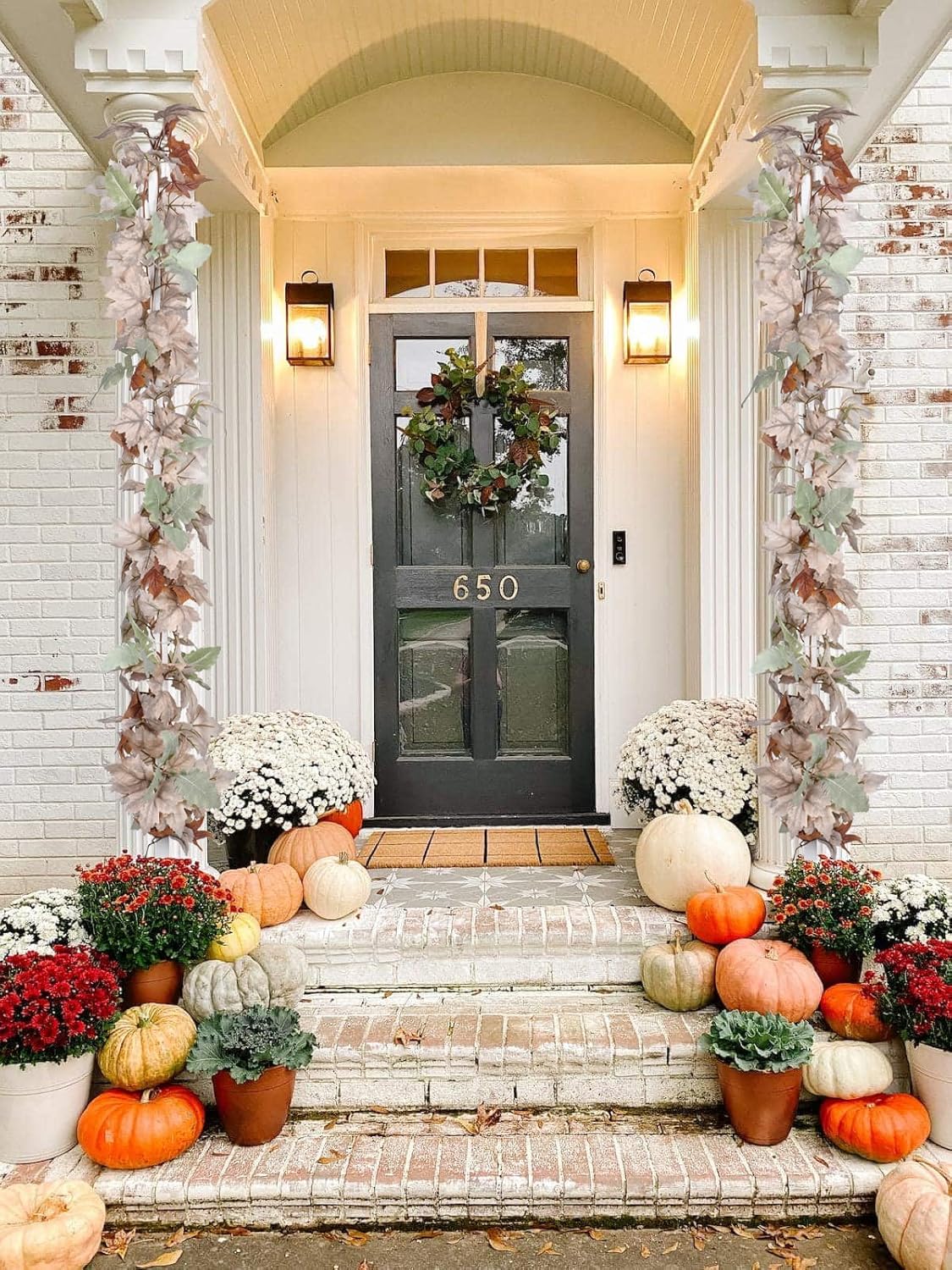 DearHouse 2 Pack Fall Maple Leaf Vine, 5.9Ft/Piece Hanging Garland White Autumn Foliage Thanksgiving Decor for Home Wedding Fireplace Party Christmas (White&Orange)
