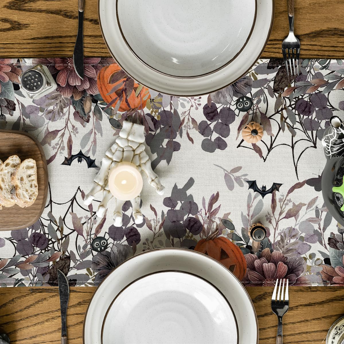 Artoid Mode Jack-O'-Lantern Pumpkin Floral Ghost Halloween Table Runner, Eucalyptus Kitchen Dining Table Decoration for Home Party Decor 13x90 Inch