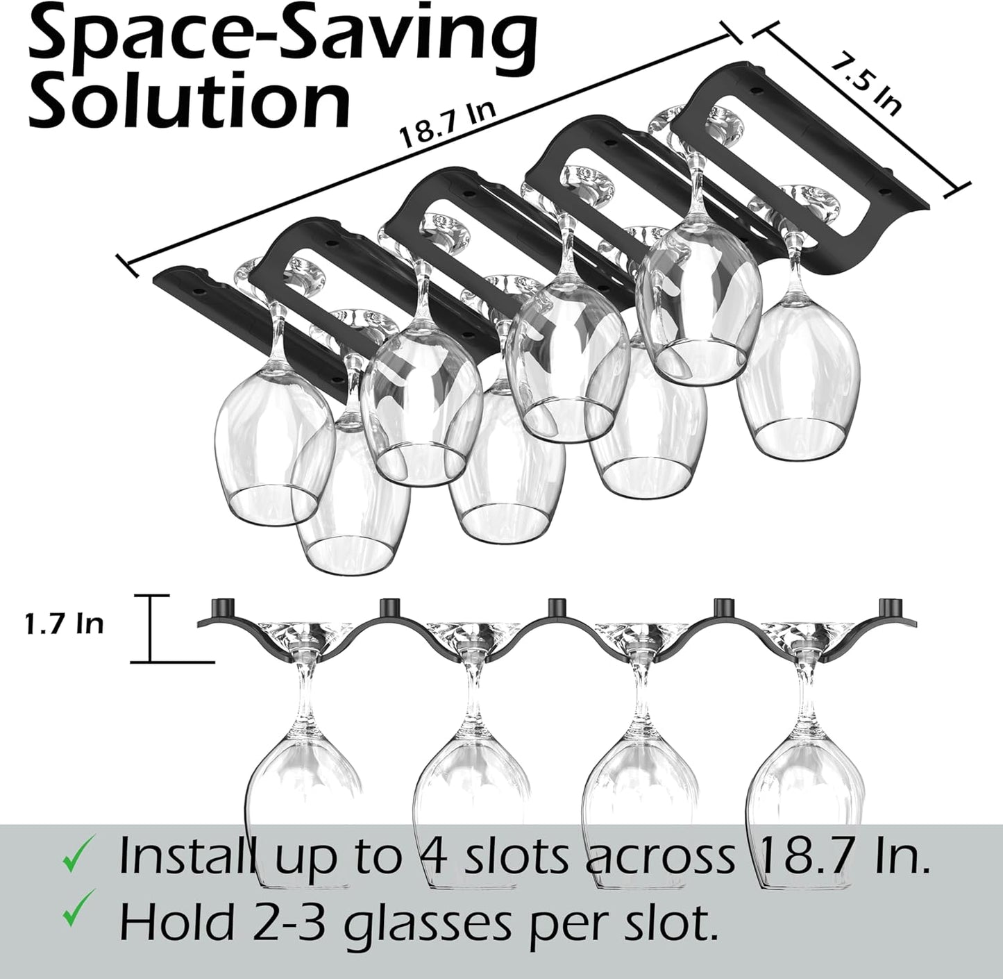 Bariboo Wine Glass Storage Case – Hang 8-12 Glasses on Your 18.7 x 9 x 1.7 In., Dust-Free Wine Glass Holder – Under-Shelf & Under-Cabinet Wine Glass Holder Rack with Assembly Manual & Video