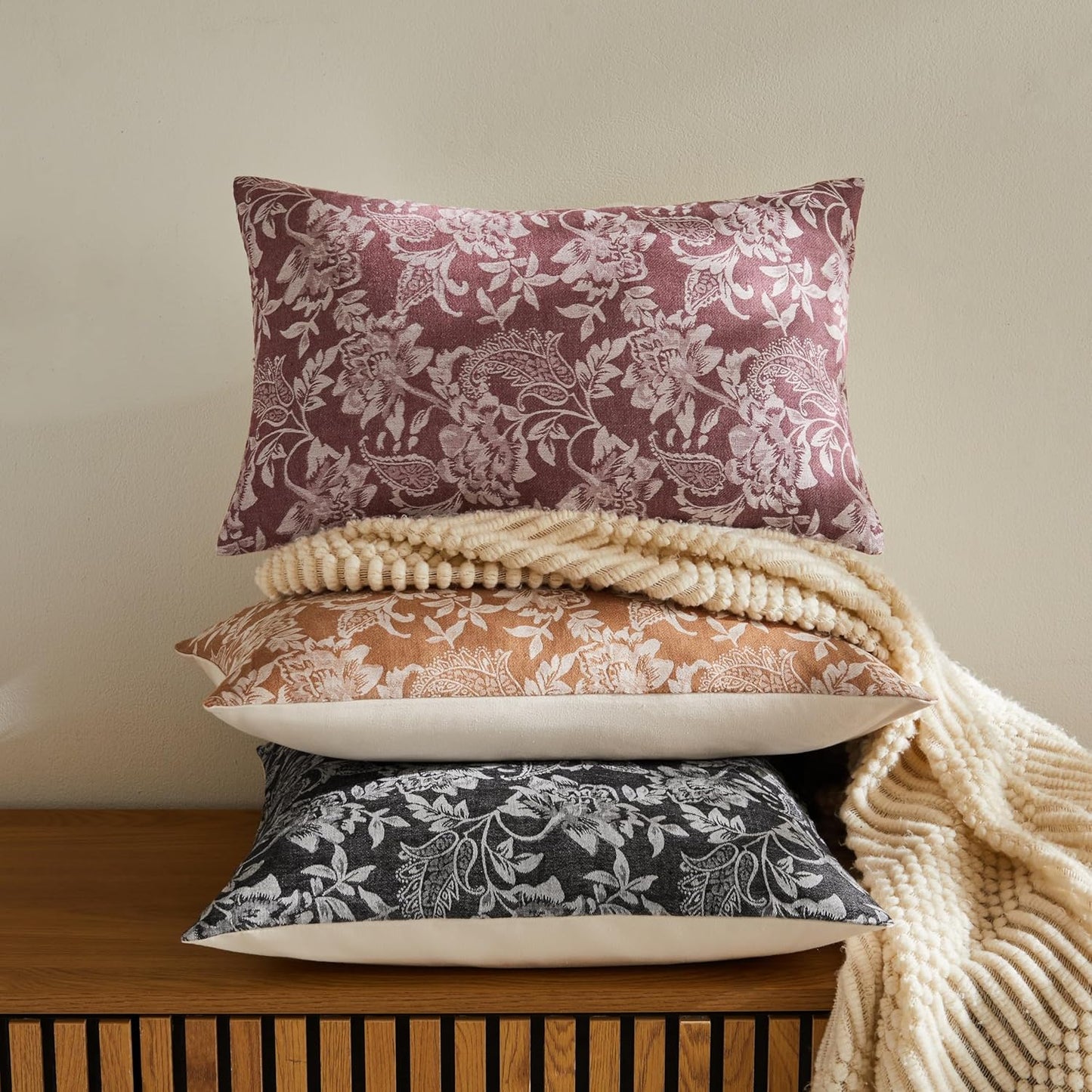 Floral Jacquard Lumbar Throw Pillow Covers Set of 2, Background/Burgundy 12x20 Inch, Farmhouse Decorative Cotton Burgundy Cushion Covers for Sofa Bed Living Room Home Decor