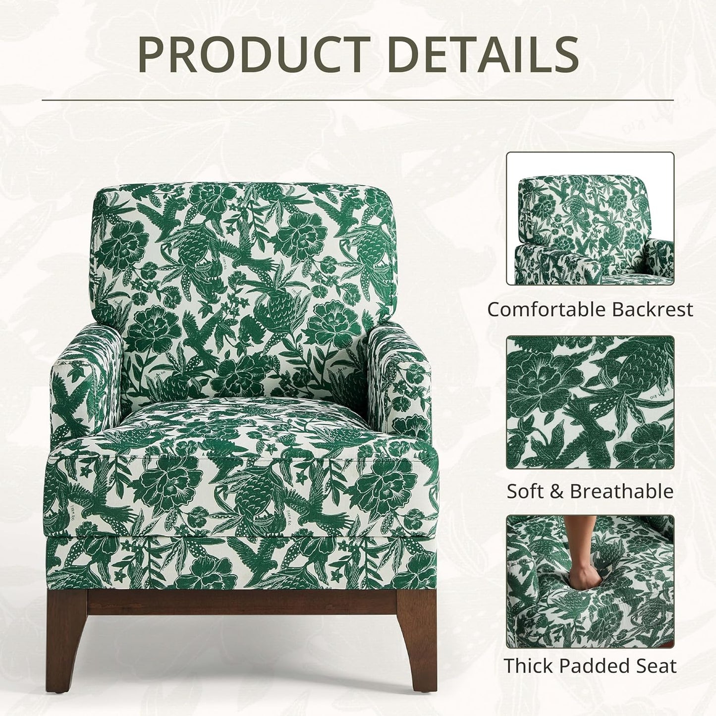 Floral Accent Armchair Set of 2, Retro Wingback Upholstered Armchair with Wide Dipped Back Design and Wooden Legs, High Back Armchair, Leisure Single Sofa Chair for Living Room, Bedroom, Green