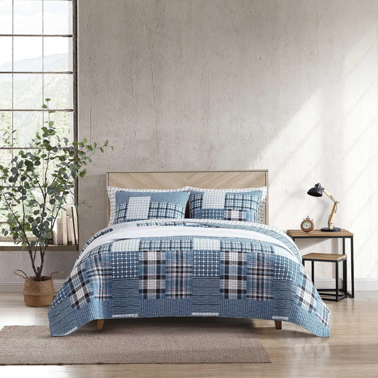 Eddie Bauer - Twin Quilt Set, Reversible Cotton Bedding with Matching Sham, Patchwork Plaid Home Decor (Hawthorne Blue, Twin)