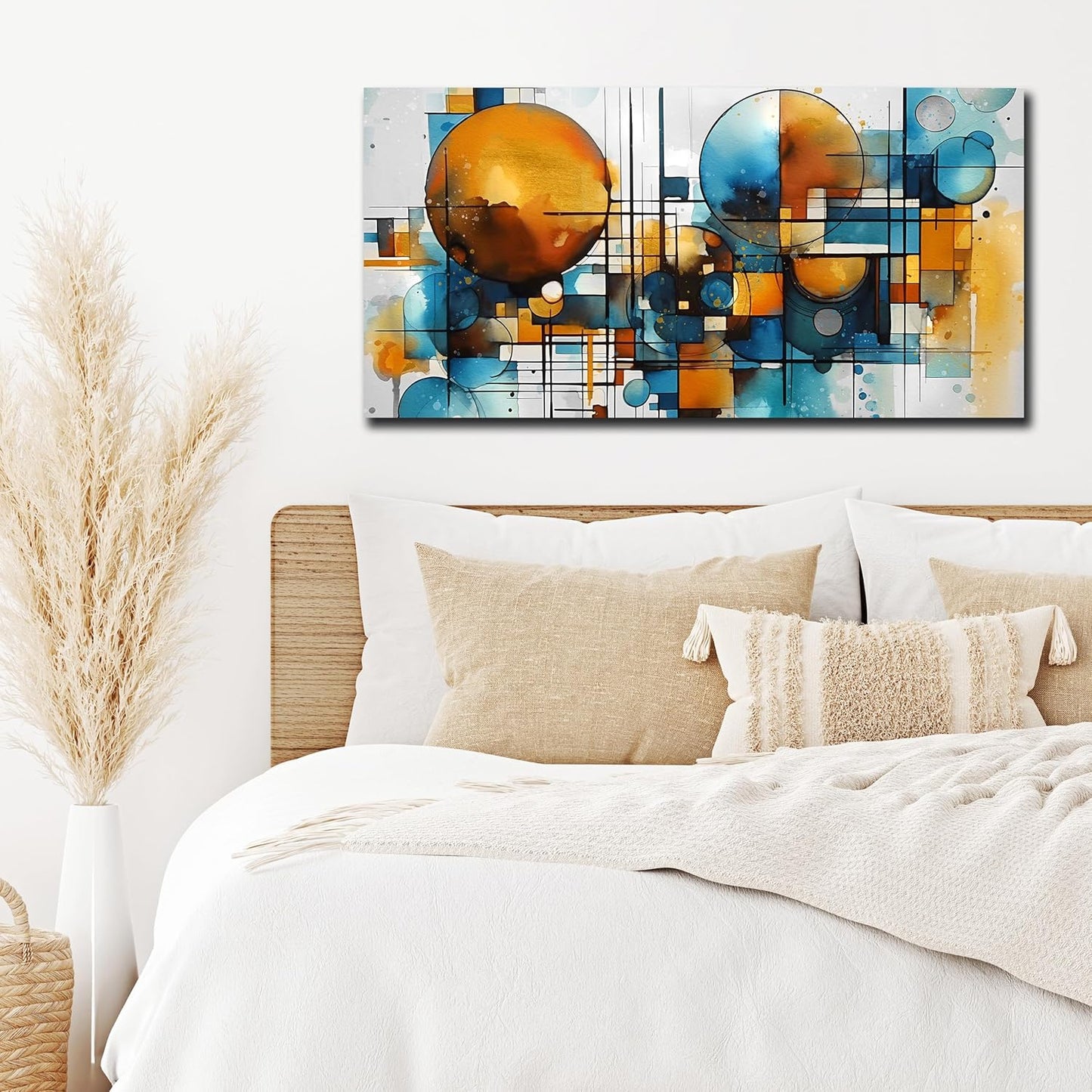 ENTANUB Abstract Canvas Wall Art for Living Room, Circle Wall Decor for Bedroom, Orange and Blue Print Paintings Artwork, Size 20x40 Inches
