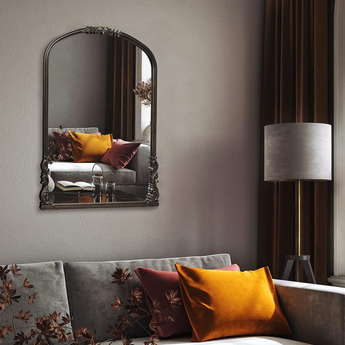 English Estate Carved Arch Wood Wall Mirror, Mirror for Entryway, Living Room, Bathroom, Antique Black, 28.4x35