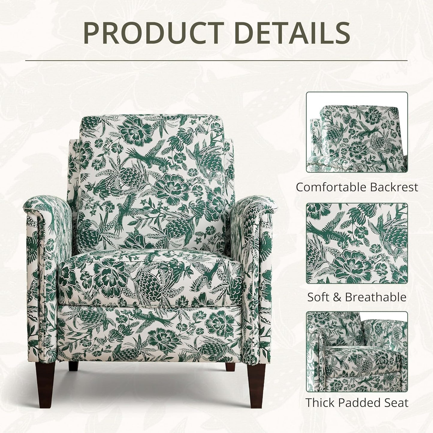 Floral Accent Chair, High Back Upholstered Armchair with Solid Wooden Legs, Padded Armrest and Removable Comfortable Cushioned Seat Single Sofa for Living Room, Bedroom, Green