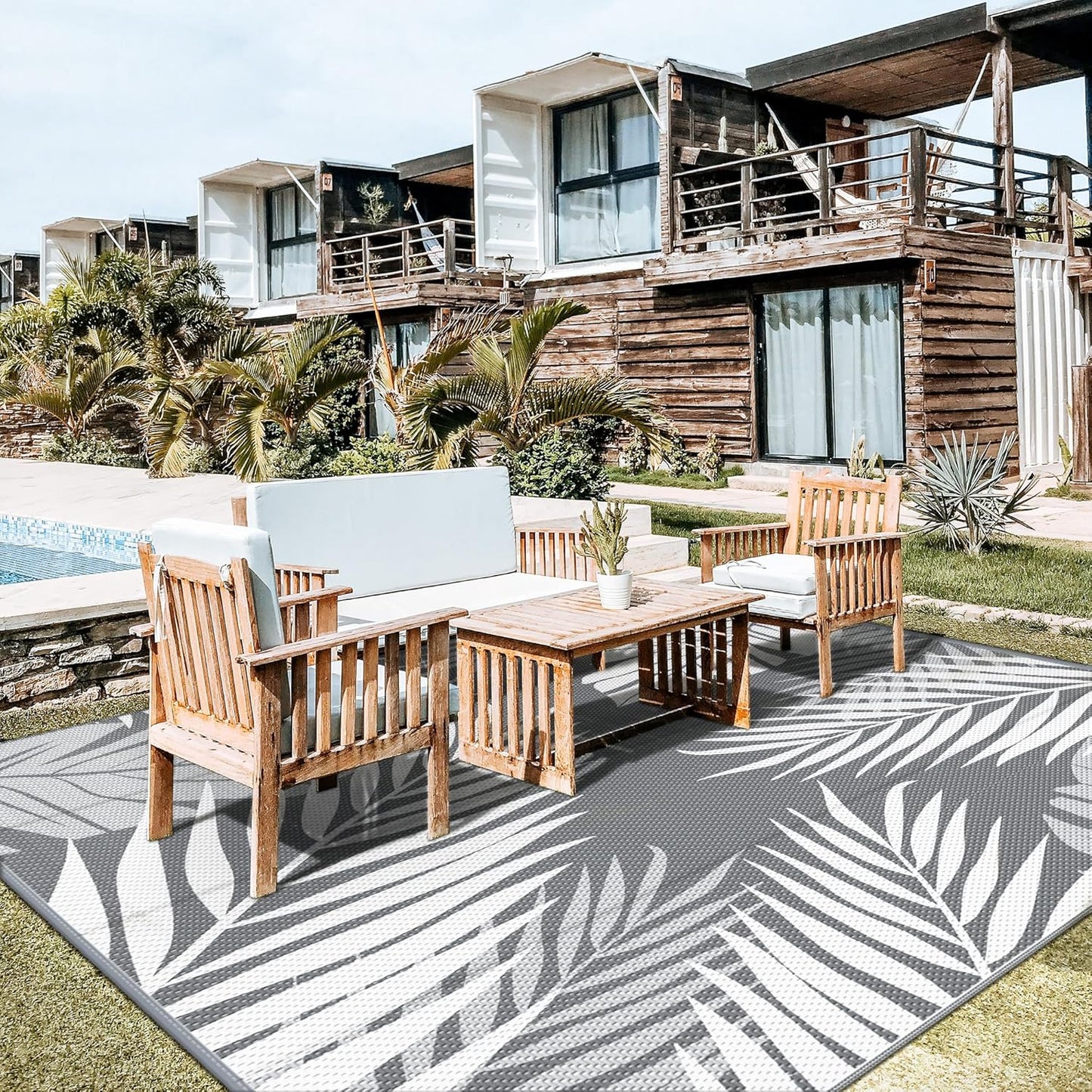 GENIMO Outdoor Rug 10' x 10' Waterproof for Patios Clearance, Reversible Outdoor Plastic Straw Camping Rug Carpet, Large Area Rugs Mats for RV, Camper, Deck, Balcony, Porch, Beach, Picnic, Grey&White