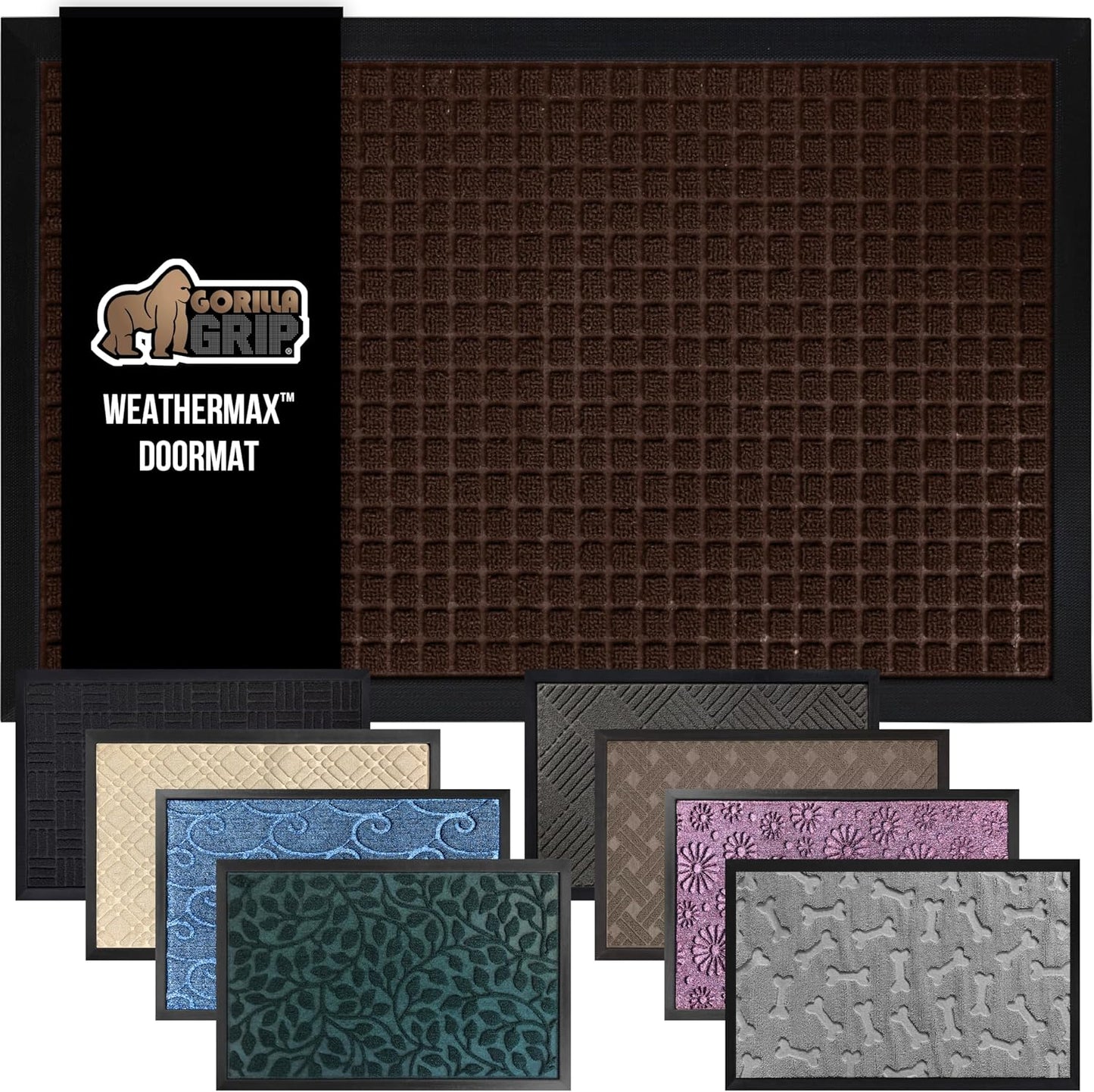 GORILLA GRIP 100% Waterproof All-Season WeatherMax Doormat US Designed Natural Rubber, Stain and Fade Resistant, Low Profile Indoor Outdoor Door Mats, Easy Clean Patio Mat, 17x29, Coffee Square