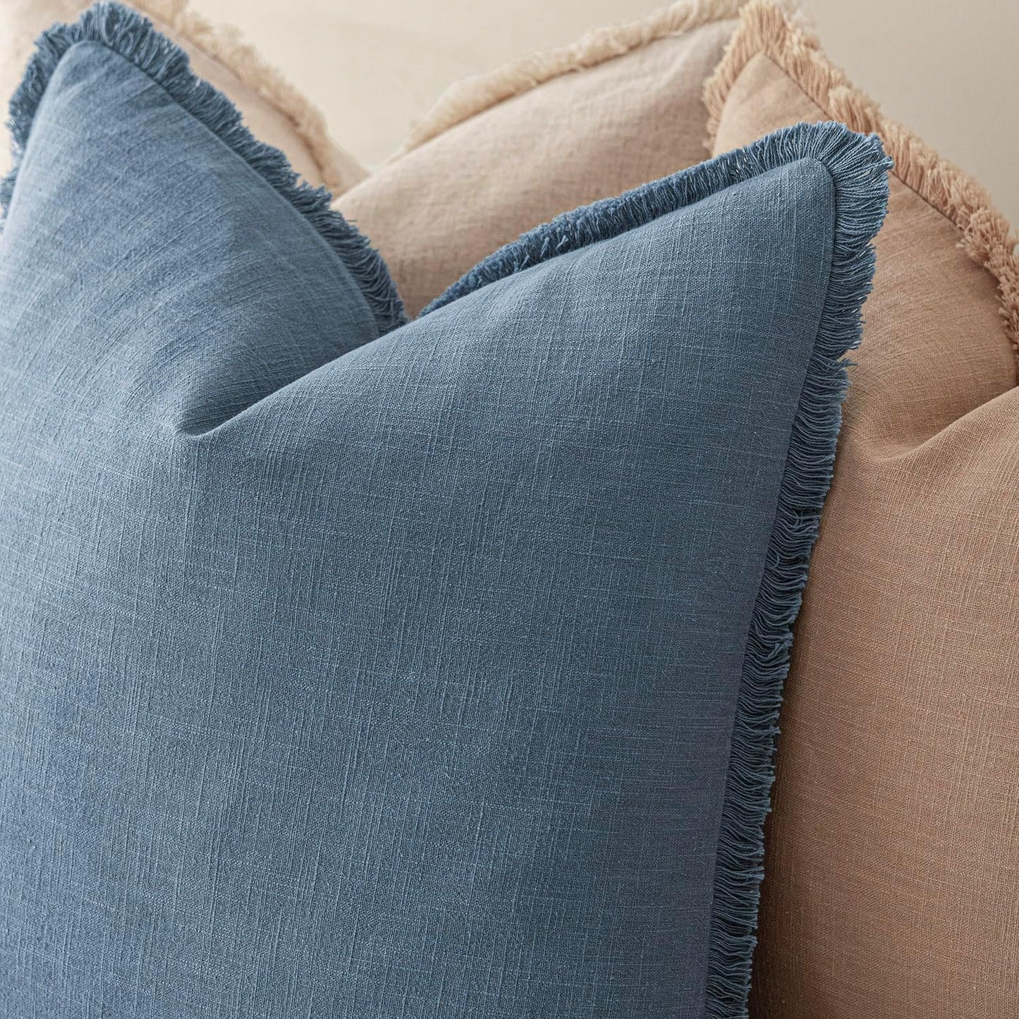 Foindtower Set of 2 Decorative Linen Fringe Throw Pillow Covers Cozy Boho Farmhouse Cushion Cover with Tassels Soft Accent Pillowcase for Couch Sofa Bed Living Room Home Decor, 26×26 Inch, Misty Blue