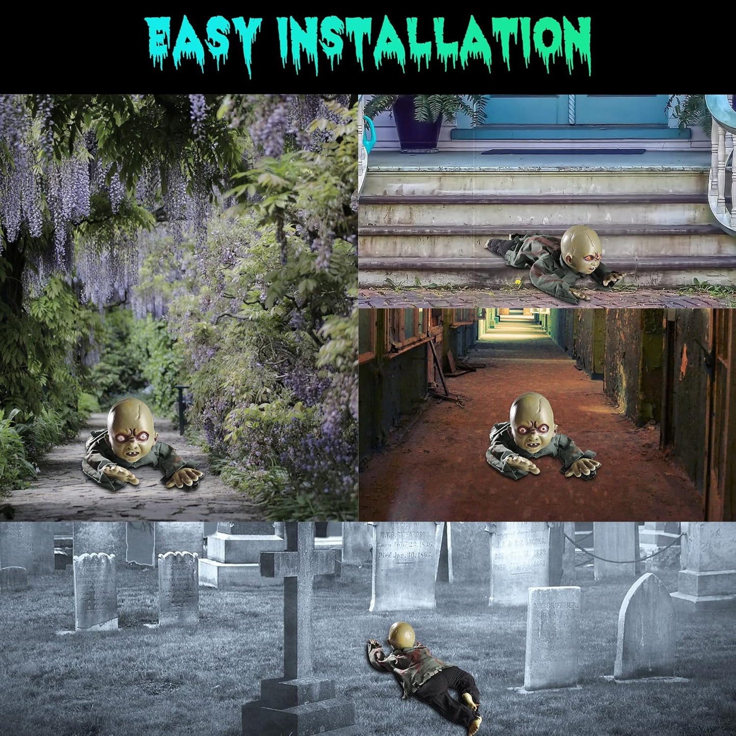 AW Halloween Animated Decoration Crawling Baby Zombie Scary Sound Sensor Activated Ghost Baby Doll Haunted House Flashing Eyes Party Outdoor Decor 2025