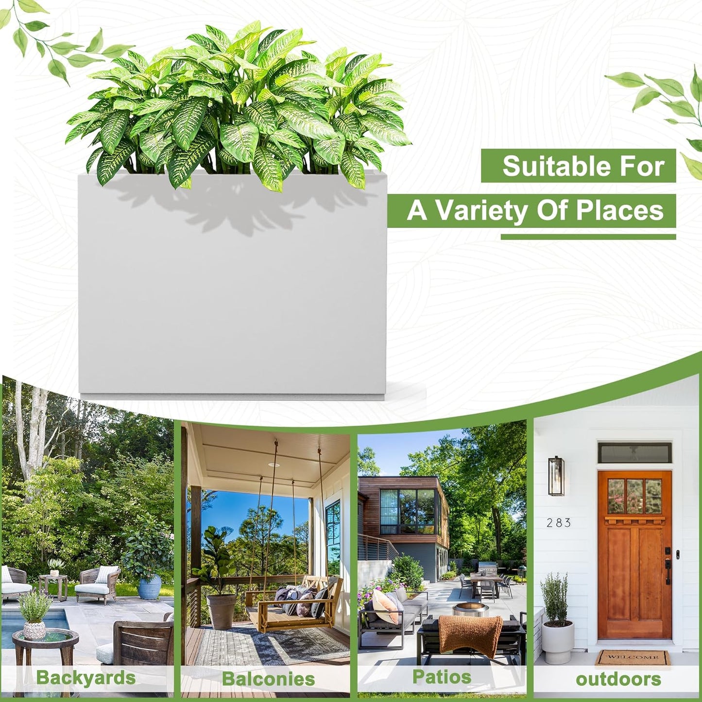 FENCY Metal Rectangular Planter Box Large Planters for Outdoor Plants, Tall Planters for Outdoor Plants with Drainage Holes, Rectangular Planters for Outdoor Plants (35.4" L x 9" W x 25.6" H,White)