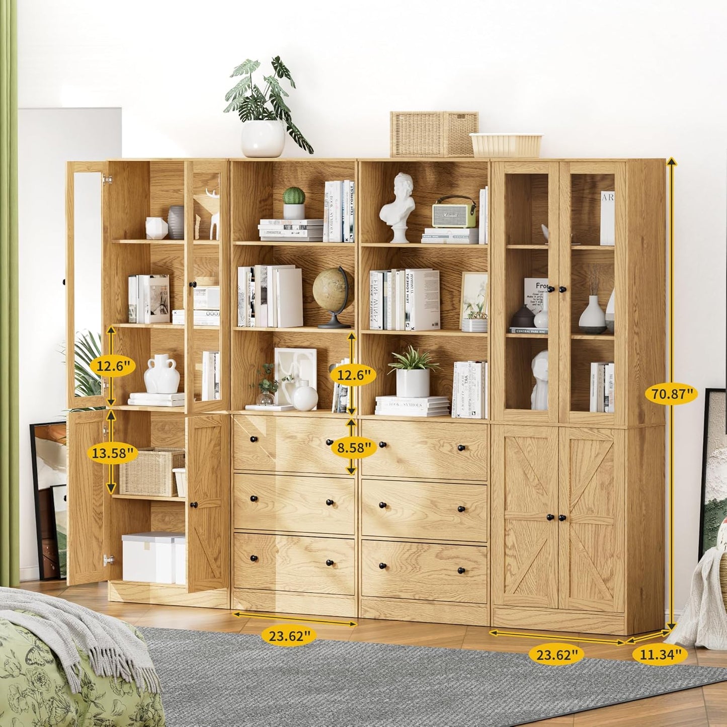 71" Tall Bookshelves Set of 4, 2 Bookcases with Drawers & 2 Bookshelves with Doors, Wooden Bookshelves Floor Standing Display Storage Shelves Home Decor Furniture for Home Office, Living Room