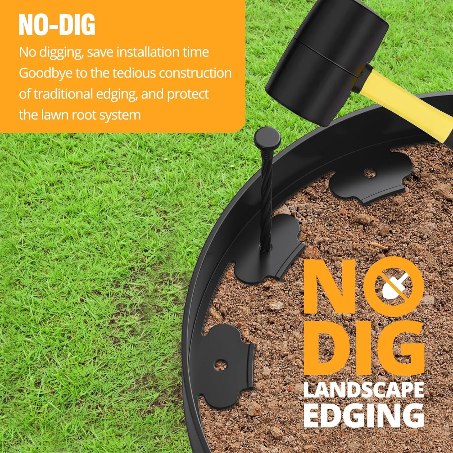 40FT No-Dig Landscape Edging, 2 Inch Tall Heavy Duty Plastic Garden Edging Border with 40 Anchoring Spikes for Lawn, Flower Bed & Decorative Yard (Black)