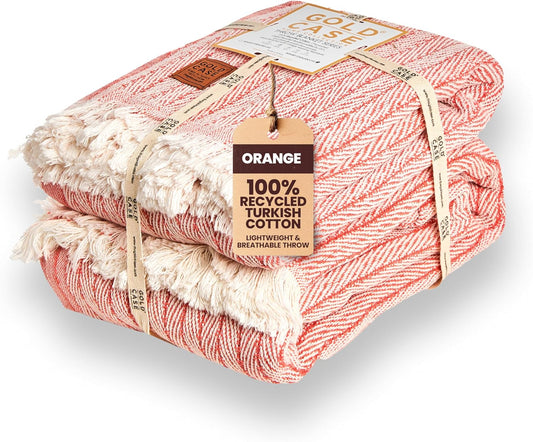 Gold Case Throw Blanket for Couch – 100% Recycled Turkish Cotton Blankets – Elegant Decorative Throw Blankets for Living Room Sofa – Woven Throws for Couch – Vintage Orange – 50x60 (Set of 2)