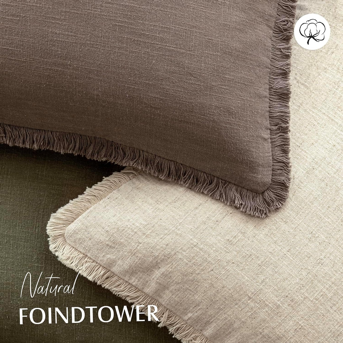 Foindtower Set of 2 Decorative Linen Fringe Throw Pillow Covers Cozy Farmhouse Cushion Cover with Tassels Accent Pillowcase for Couch Chair Sofa Bed Living Room Home Decor,22×22 Inch,Light Coffee
