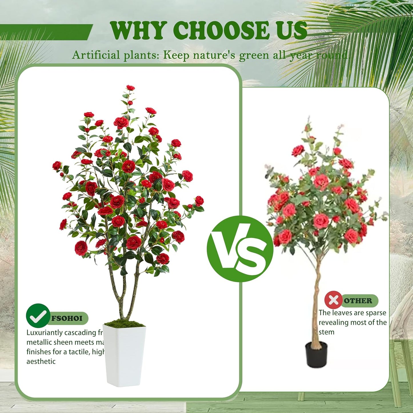 Artificial Camellia Tree 6FT Faux Trees Indoor Fake Floral Plant Blooming Tree with Red Flowers & White Tall Planter, Faux Camellia Plants for Porch Home Room Bedroom Office Front Door Outdoor Decor