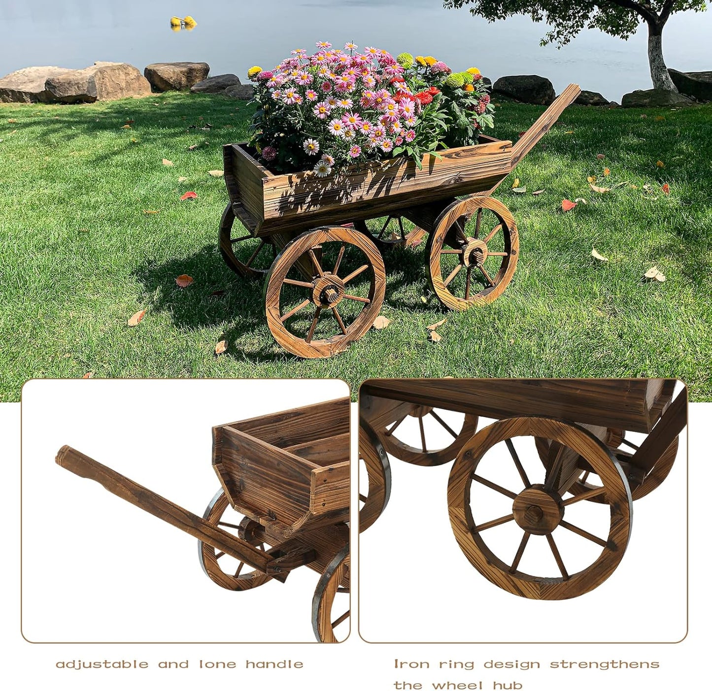 Garden Wooden Decor Rustic Flower Pot,Planters Wagon Indoor Outdoor Backyard Balcony Decor,for Outside Garden Decor Wheelbarrow Planter for Patio (Wooden Wagon)