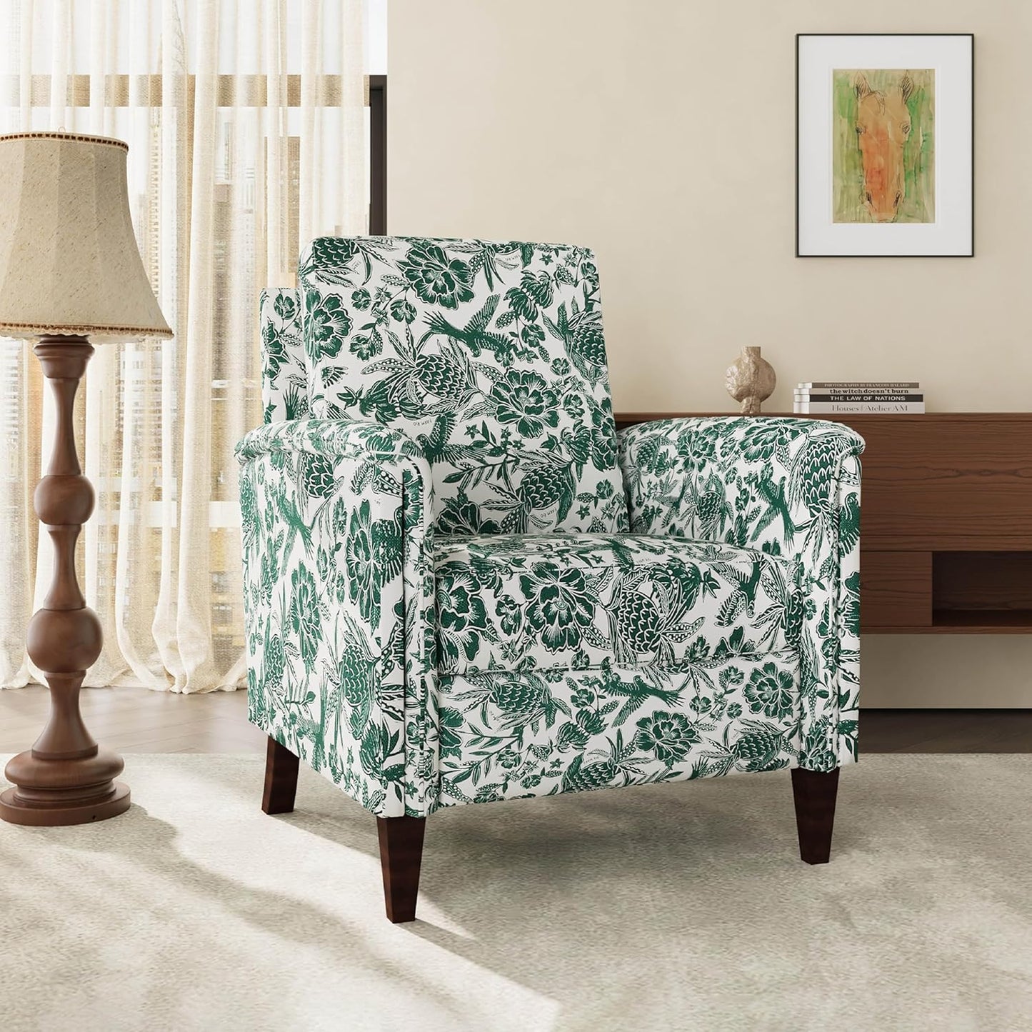 Floral Accent Chair, High Back Upholstered Armchair with Solid Wooden Legs, Padded Armrest and Removable Comfortable Cushioned Seat Single Sofa for Living Room, Bedroom, Green