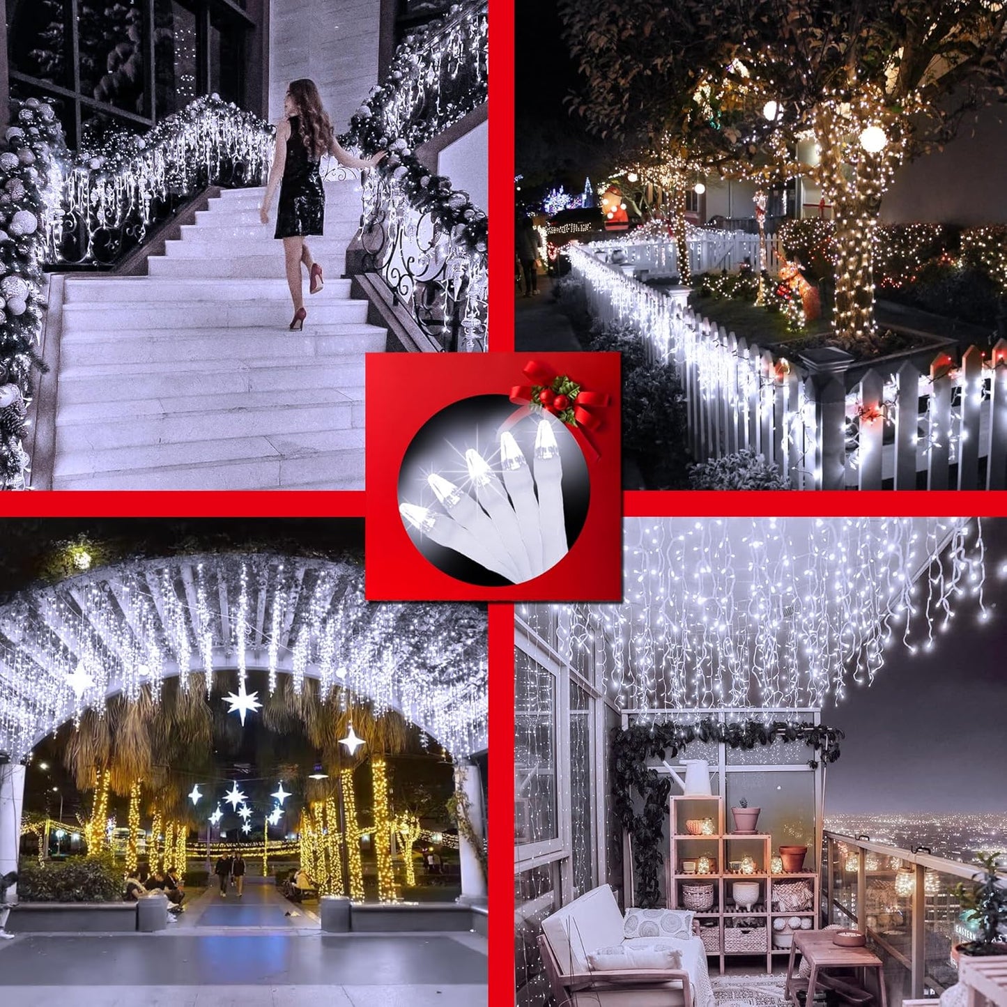 612 LED 60FT Christmas Lights with 136 Drops, 12 Modes Dimmable Cool White Outdoor Hanging Lights with Timer Memory, Waterproof Curtain Lights for Home Bedroom Indoor Tree Window Roof Fence Wedding
