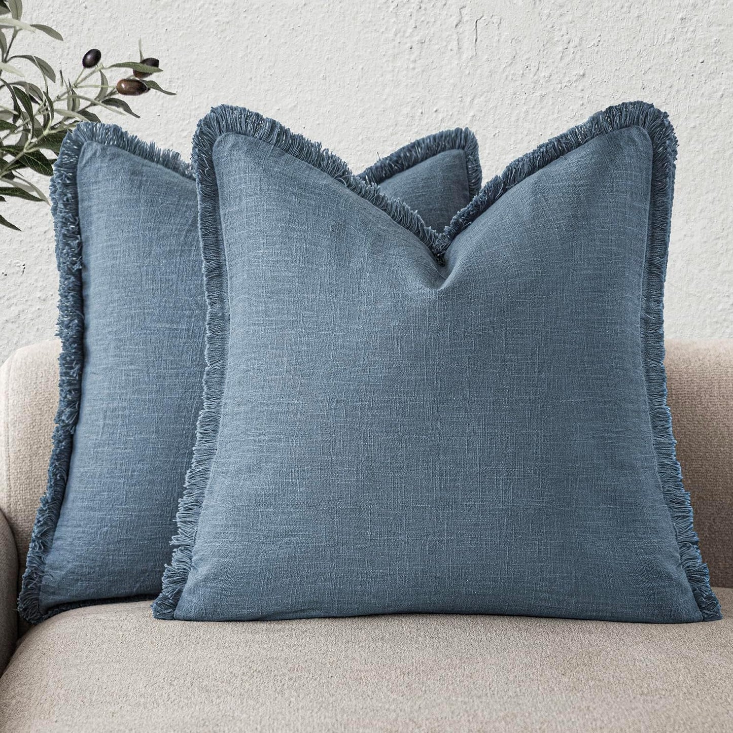 Foindtower Set of 2 Decorative Linen Fringe Throw Pillow Covers Cozy Boho Farmhouse Cushion Cover with Tassels Soft Accent Pillowcase for Couch Sofa Bed Living Room Home Decor, 22×22 Inch, Misty Blue