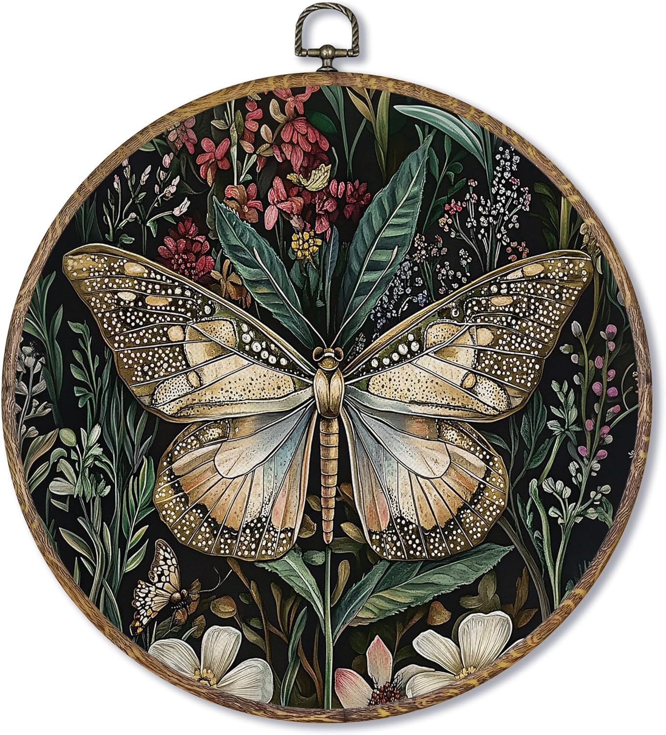 Fewgb Vintage Dark Moody Butterfly Round Wall Art Decor Framed for Bedroom Kitchen, Dark Cottagecore Academia Canvas Wall Art Prints Picture, Gothic Botanical Hanging Room Decor Artwork 10x10