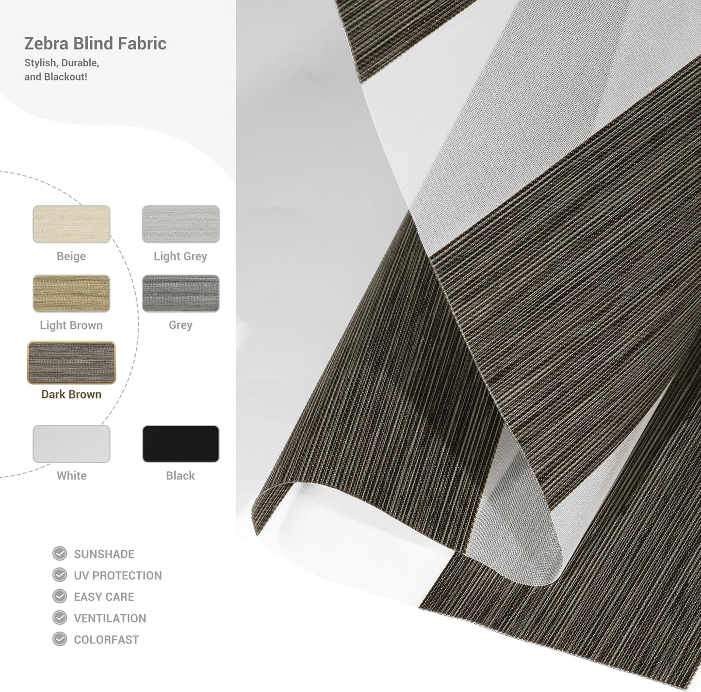 Cordless Zebra Blinds for Windows, Blackout Interior Blinds,Easy to Install,UV Protection,for Offices and Home,Custom Roller Shades, Mousse Dark Bown,39" W x 72" H