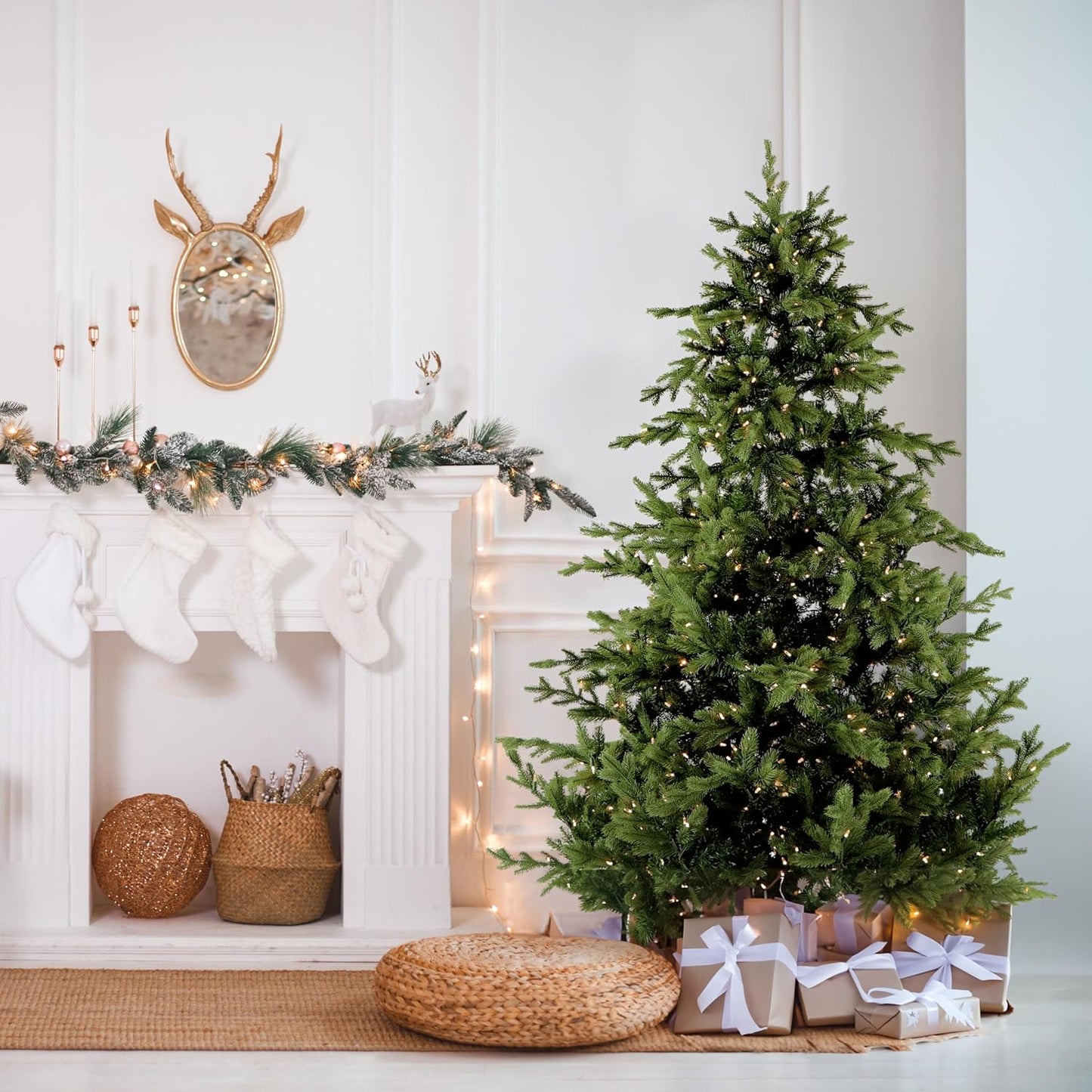 Fraser Hill Farm 9-Ft. Foxtail Pine Artificial Christmas Tree with Warm White LED Lights and Stand, Prelit Foldable Fake Tree with Realistic Foliage for Home Decoration