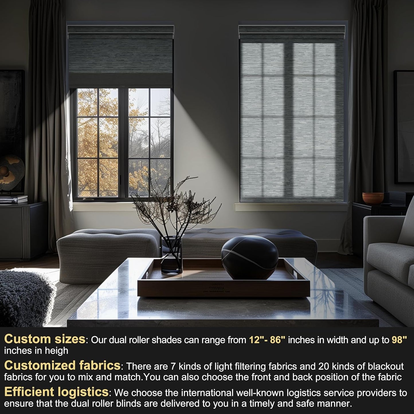 BERISSA Cordless Dual Roller Shades with Cassette Valance, Double Window Shades - Blackout and Light Filtering, Day and Night for Home Office Door. Striped Jacquard Grey. 33 W x 80" H