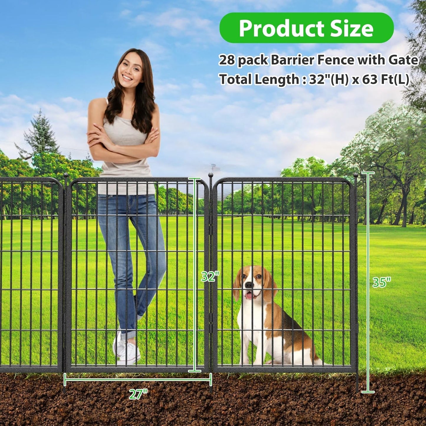 Decorative Black Metal Fencing Garden Fence with Gate, 64ft(L) 32in(H) 28 Fence Panels No Dig Fence Rustproof Animal Barrier Fence Temporary Dog Panels Fencing Outdoor