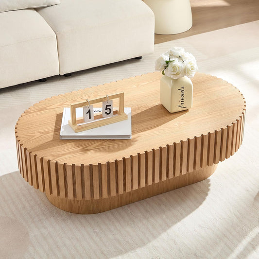 43.7" Oval Coffee Table for Living Room,Modern Handcraft Drum Coffee TableSmall Wooden Coffee Table with Sturdy Pedestal Easy Assembly for Office-Natural