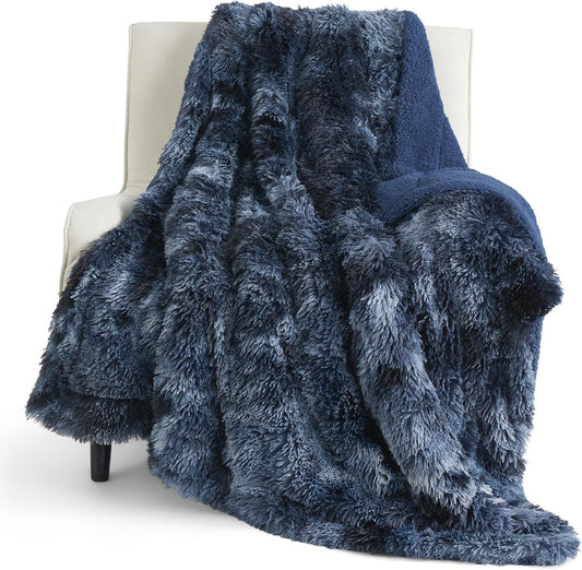 Bedsure GentleSoft Fuzzy Sherpa Faux Fur Twin Blanket Tie Dye Navy Cozy Gifts for Women Men, Soft Fleece Plush Warm Minky Thick Blanket Twin Size for Bed, Blue Room Decor Dorm Essentials Gifts, 60x80