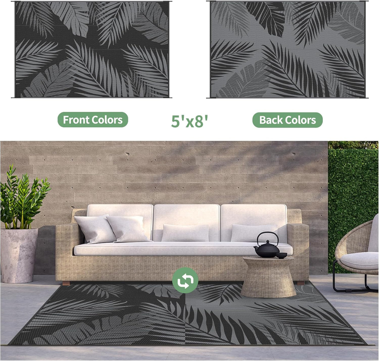 GENIMO Outdoor Rug 5' x 8' Waterproof for Patios Clearance, Reversible Outdoor Plastic Straw Camping Rug Carpet, Large Area Rugs Mats for RV, Picnic, Backyard, Deck, Balcony, Porch, Beach, Black&Grey