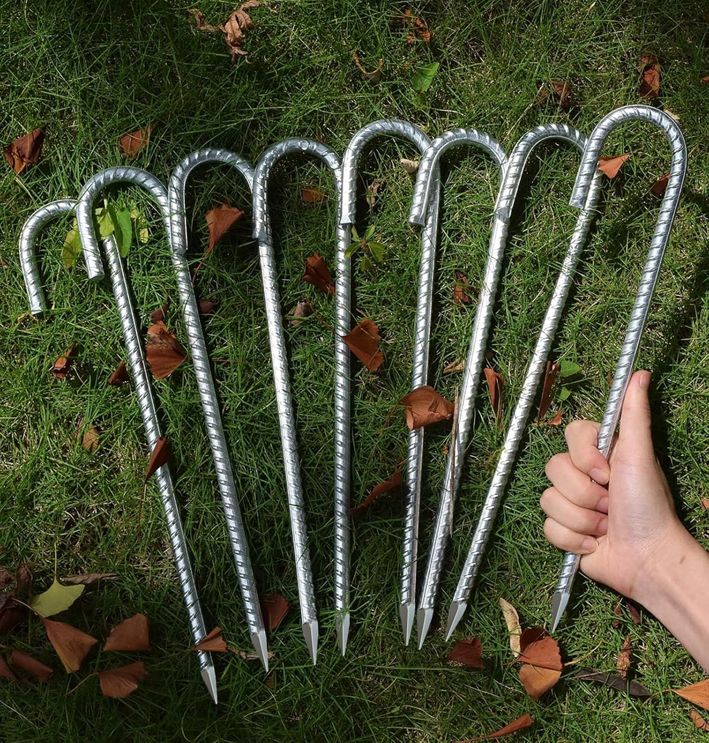 AAGUT 12 Inch Rebar Stakes J Hook 16 Pcs 3/8" Chain Link Fence Stakes Heavy Duty Galvanized Steel Tent Stakes Ground Anchors for Hard Firm Soil, Silver