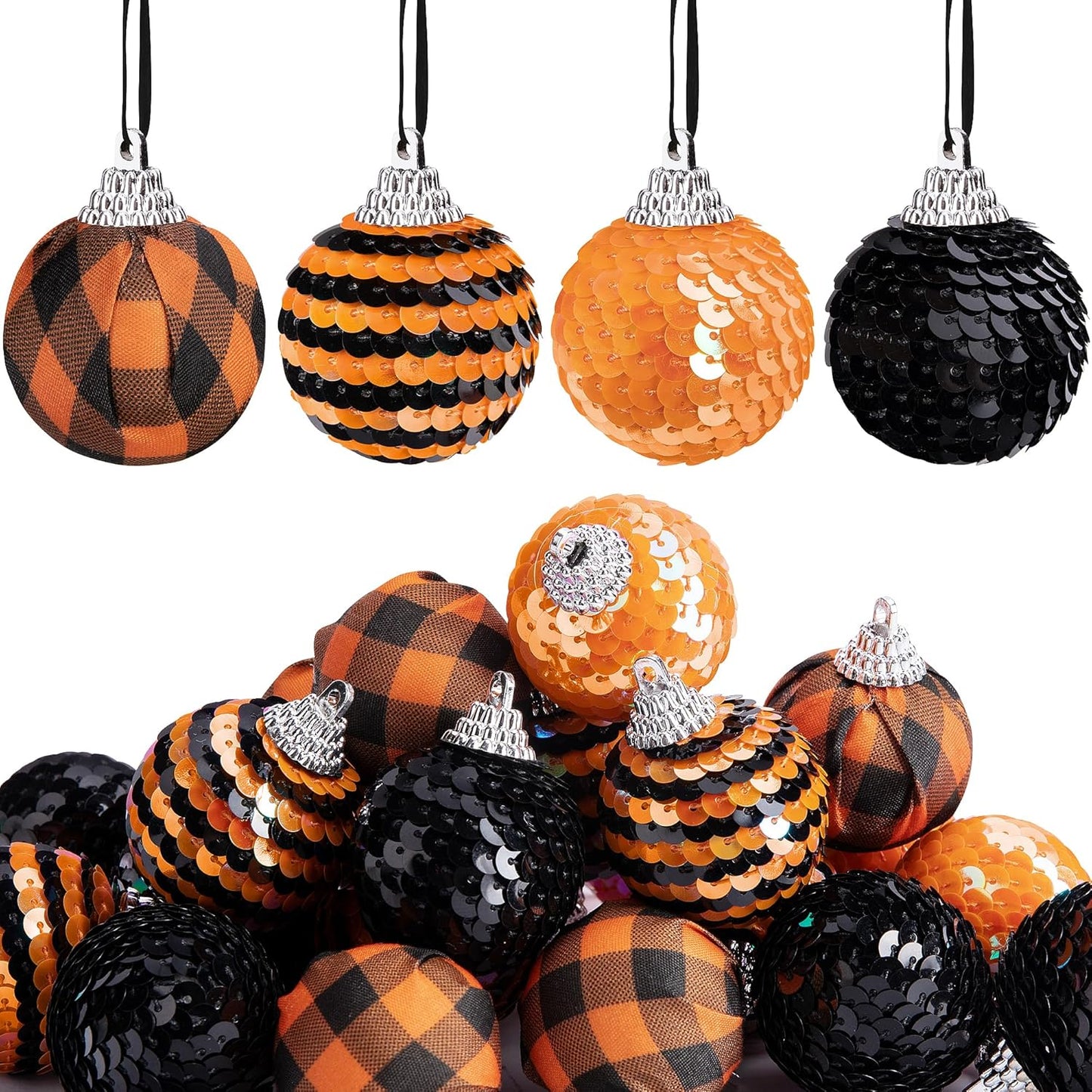 24 PCS Halloween Sequin Hanging Ball Ornaments-1.6 Inch Halloweens Black Orange Sequin Balls-Hanging Glitter Ball Ornaments for Halloween Tree Party Decor