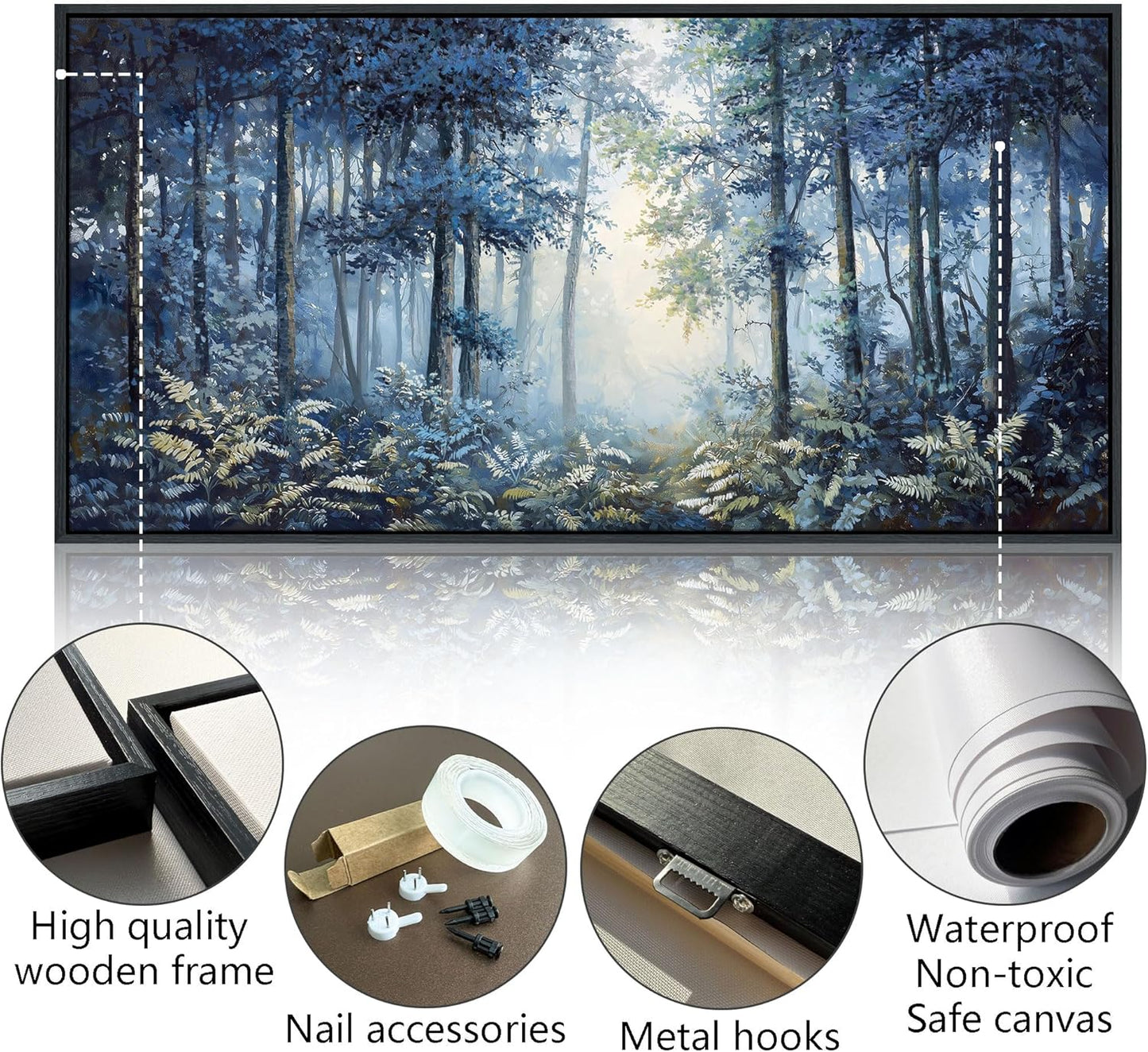 Forest Canvas Wall Art for Living Room - Navy Blue Bedroom Wall Art, Landscape Pictures Wall Decor, Forest Painting, Framed Nature Tree Artwork Walls 24×48IN