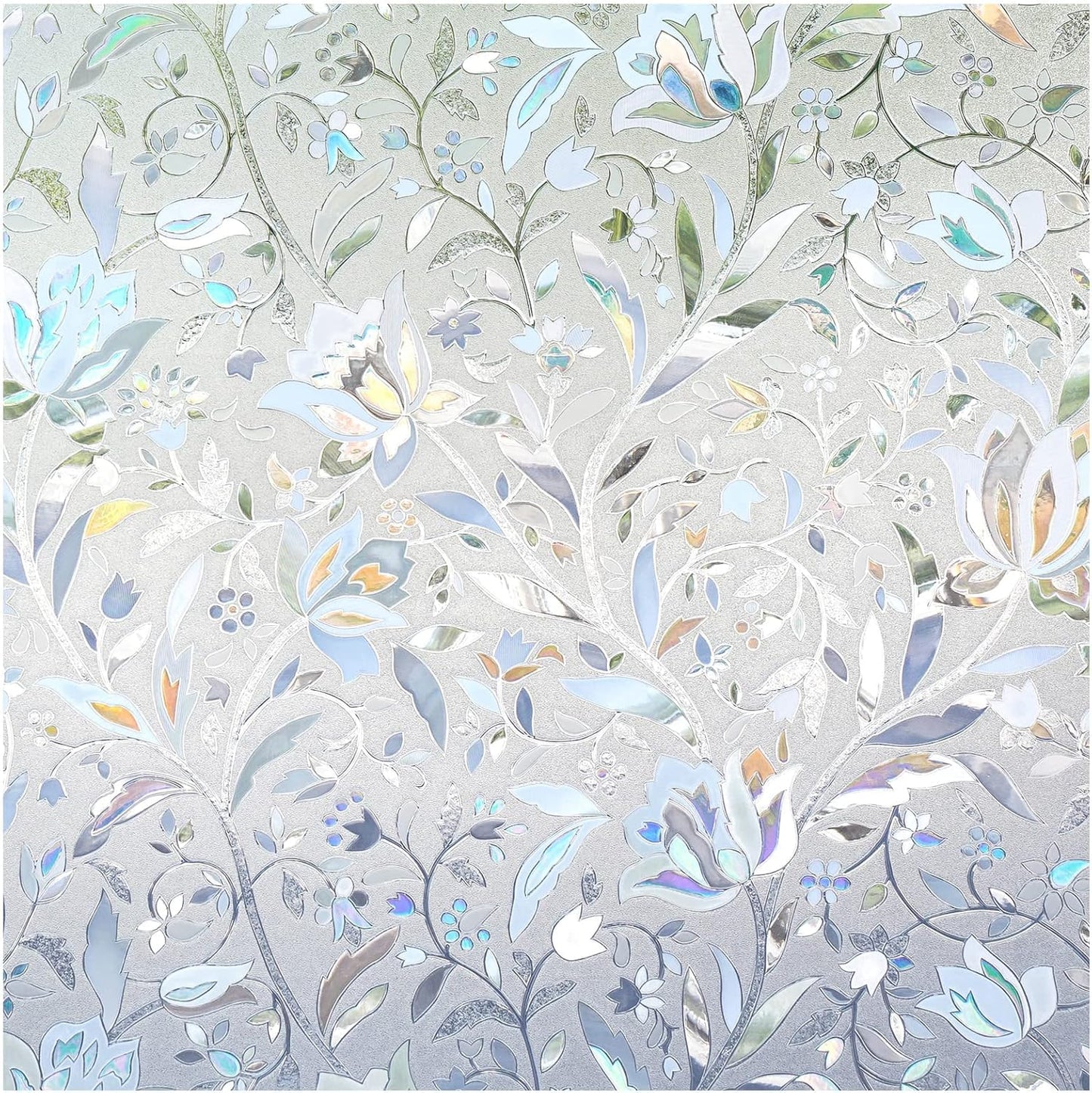 DOWELL Window Privacy Film, 3D Stained Glass Rainbow Films, Decorative Window Vinyl Sun Blocker Door Covering, Static Cling Non-Adhesive Glass Sticker for Home, Blooming Flowers, 35.4"x118"