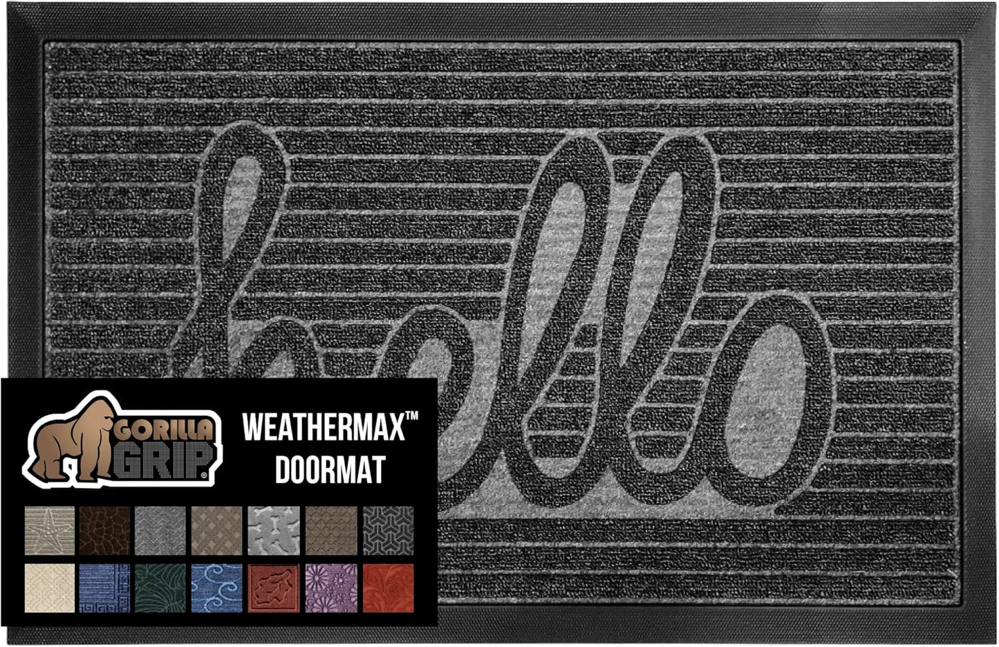 GORILLA GRIP 100% Waterproof All-Season WeatherMax Doormat, 47x35, US Designed Natural Rubber, Stain and Fade Resistant, Low Profile Indoor Outdoor Door Mats, Easy Clean Patio Mat, Charcoal Hello