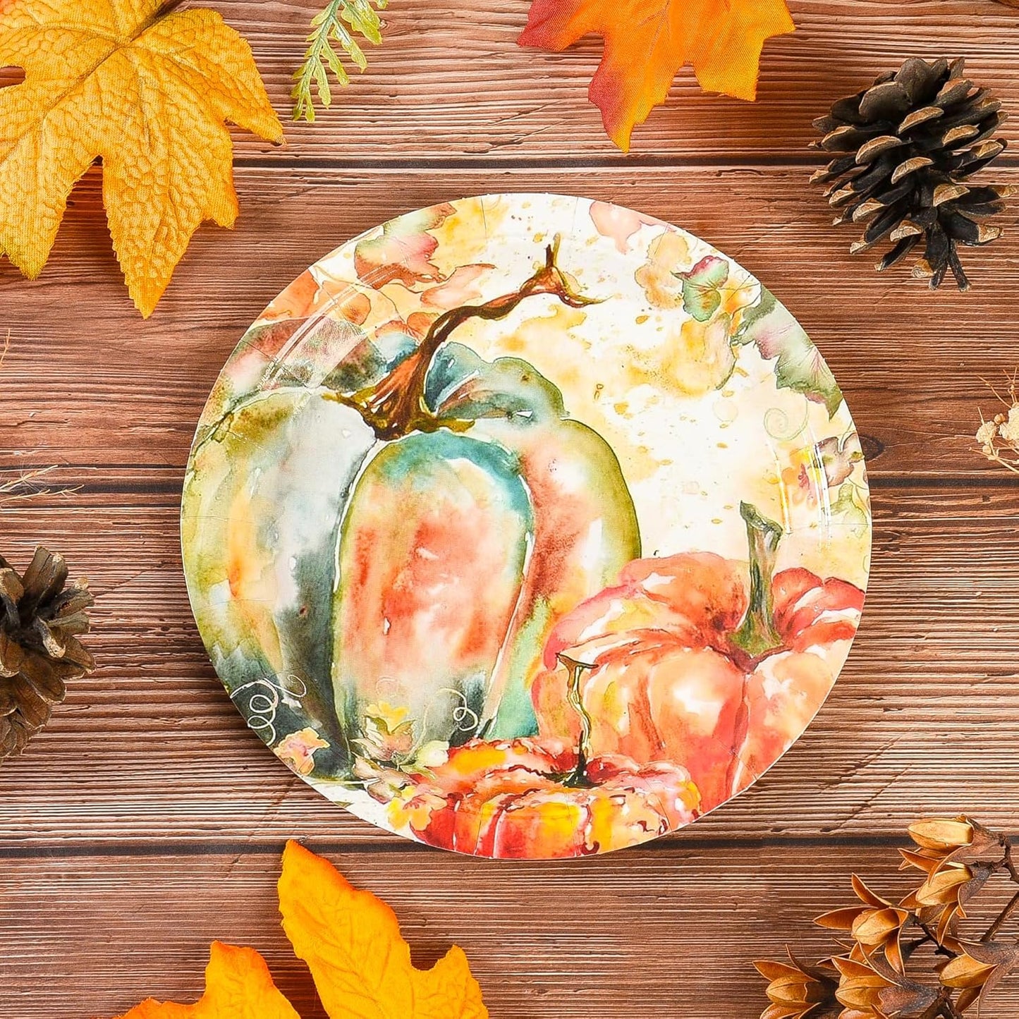 Fall Dessert Plates Thanksgiving Pumpkin Paper Plates 7" Autumn Watercolor Pumpkins Party Plates Harvest Teal and Orange Pumpkins Disposable Decorative Dessert Plates (24)
