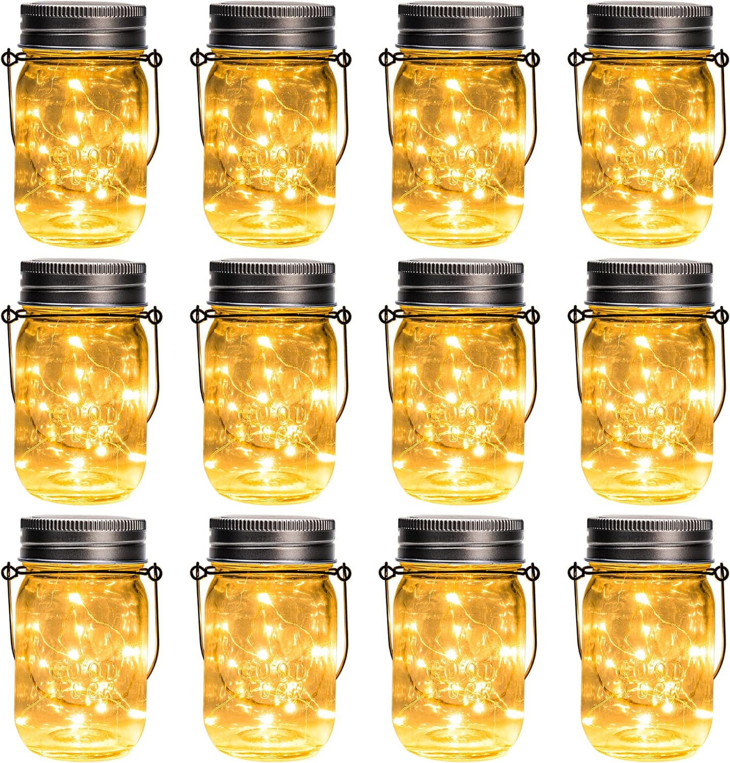 GIGALUMI Solar Mason Jar Lights, 12 Pack 30 Led String Fairy Lights Garden Lights Outdoor Waterproof Hanging Solar Lanterns for Outdoor, Garden, Patio, Lawn, Balcony Decoration