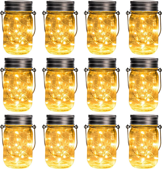 GIGALUMI Solar Mason Jar Lights, 12 Pack 30 Led String Fairy Lights Garden Lights Outdoor Waterproof Hanging Solar Lanterns for Outdoor, Garden, Patio, Lawn, Balcony Decoration