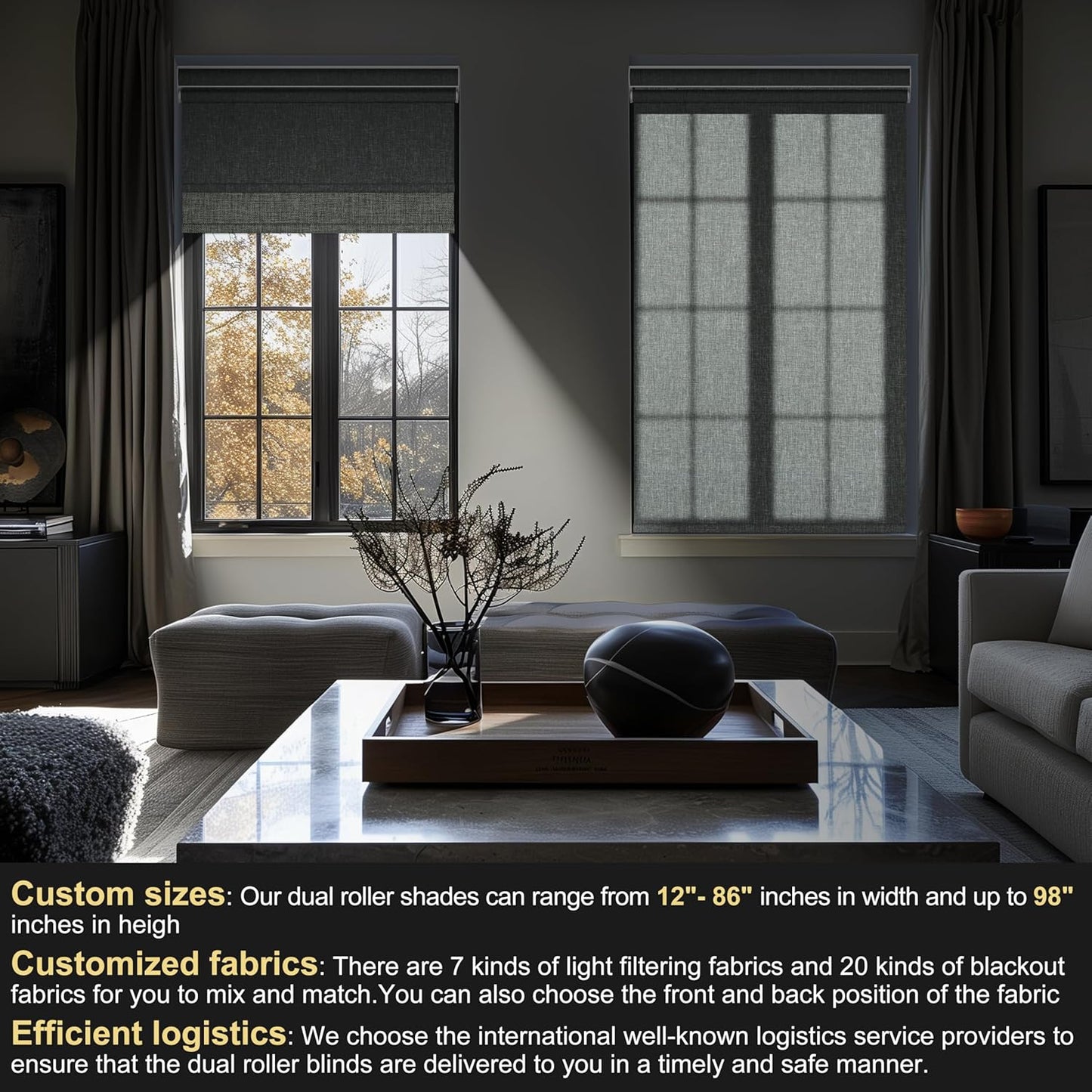 BERISSA Cordless Dual Roller Shades with Cassette Valance, Double Window Shades - Blackout and Light Filtering - Day and Night - Linen Grey - 72 W x 80 H