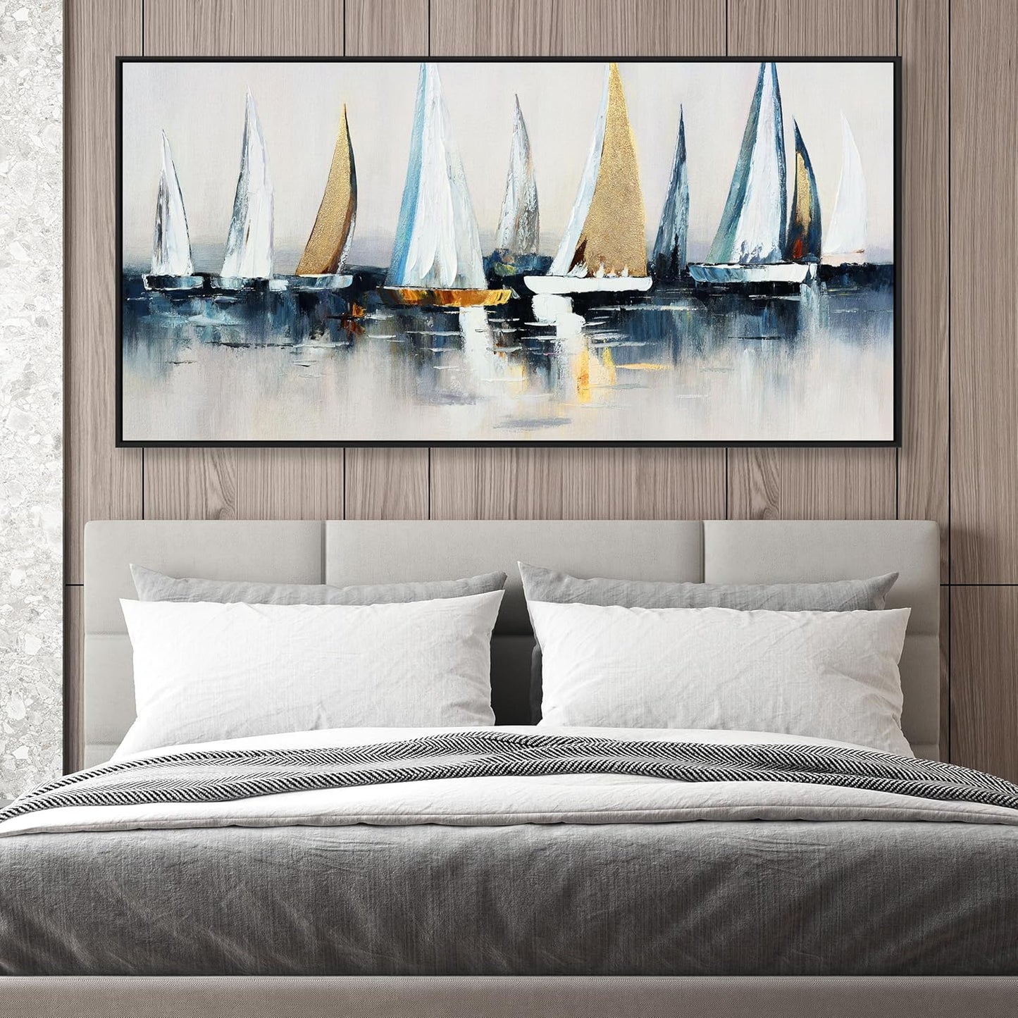 Abstract Wall Art Blue and White Sailboat Wall Paintings Framed Artwork for Living Room Bedroom Bathroom Office Home Decor Can Be Hung Directly 24"x 48"