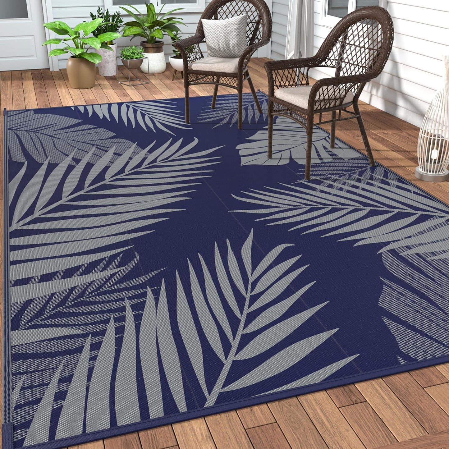GENIMO Outdoor Rug 9' x 12' Waterproof for Patios Clearance, Reversible Outdoor Plastic Straw Camping Rug Carpet, Large Area Rugs Mats for RV, Camper, Deck, Balcony, Porch, Beach, Navy Blue&Grey