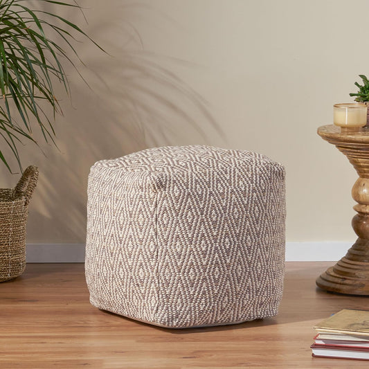 GDFStudio Boho Handmade Fabric Cube Pouf Ottoman Foot Stool - Bean Bag Floor Chair - Foot Rest Couch for Living Room Bedroom, Beige and Yellow,15"" x 15"" x 15"", 312183N