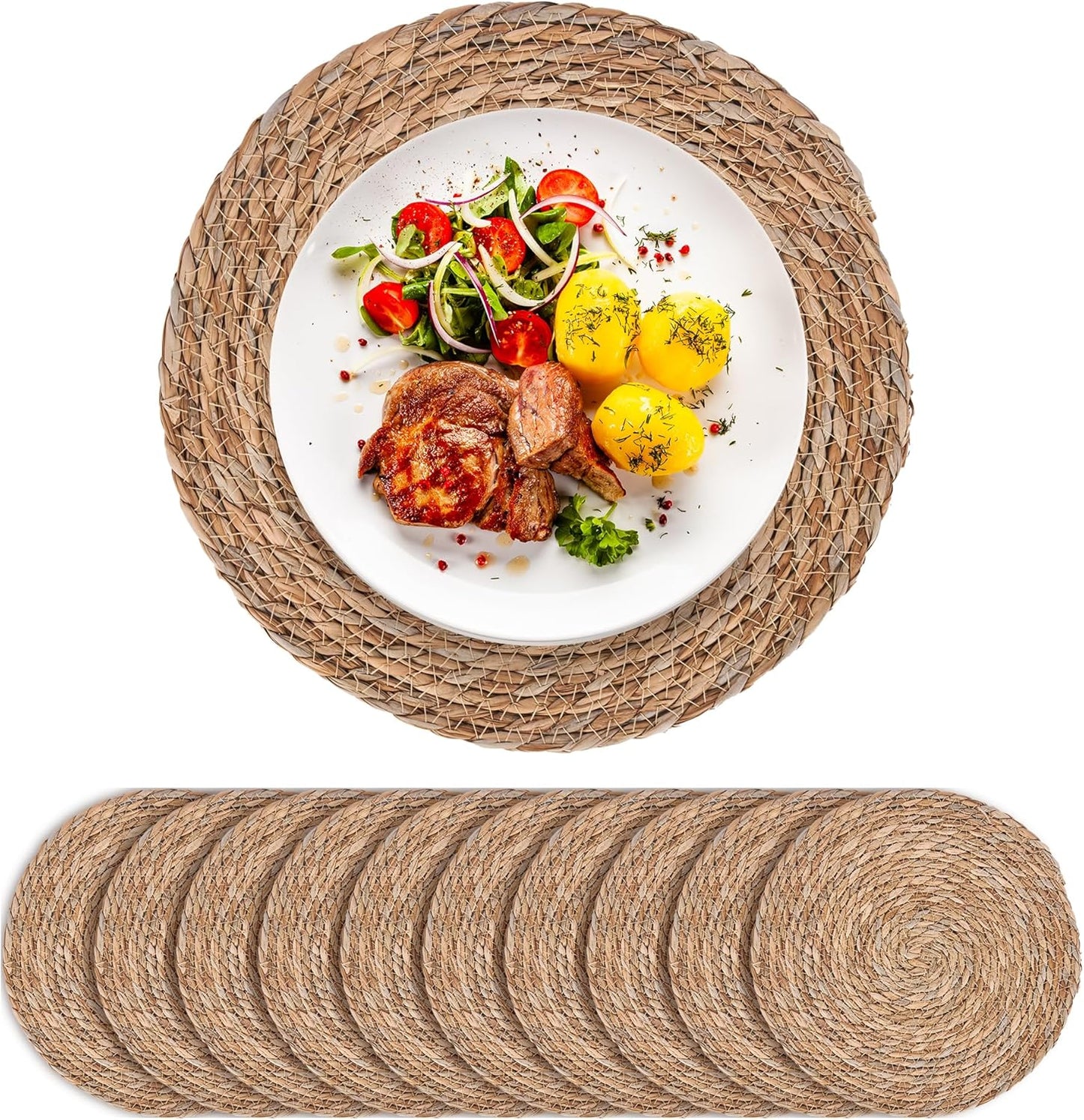 Defined Deco Woven Placemats Set of 10,13.5" Round Rattan Placemats,Farmhouse Weave Rustic Braided Wicker Table Mats for Dining Table Home Wedding