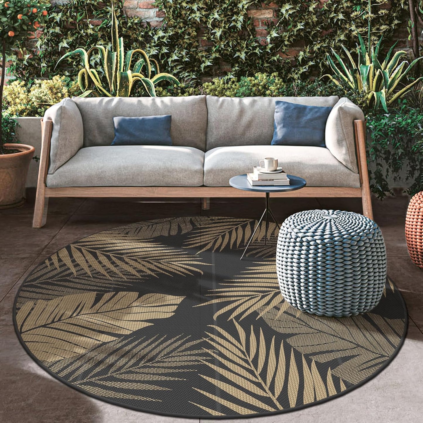 GENIMO Outdoor Rug 8' Round Waterproof for Patios Clearance, Reversible Outdoor Plastic Straw Camping Rug Carpet, Large Area Rugs Mats for RV, Camper, Deck, Balcony, Porch, Beach, Picnic, Black&Brown