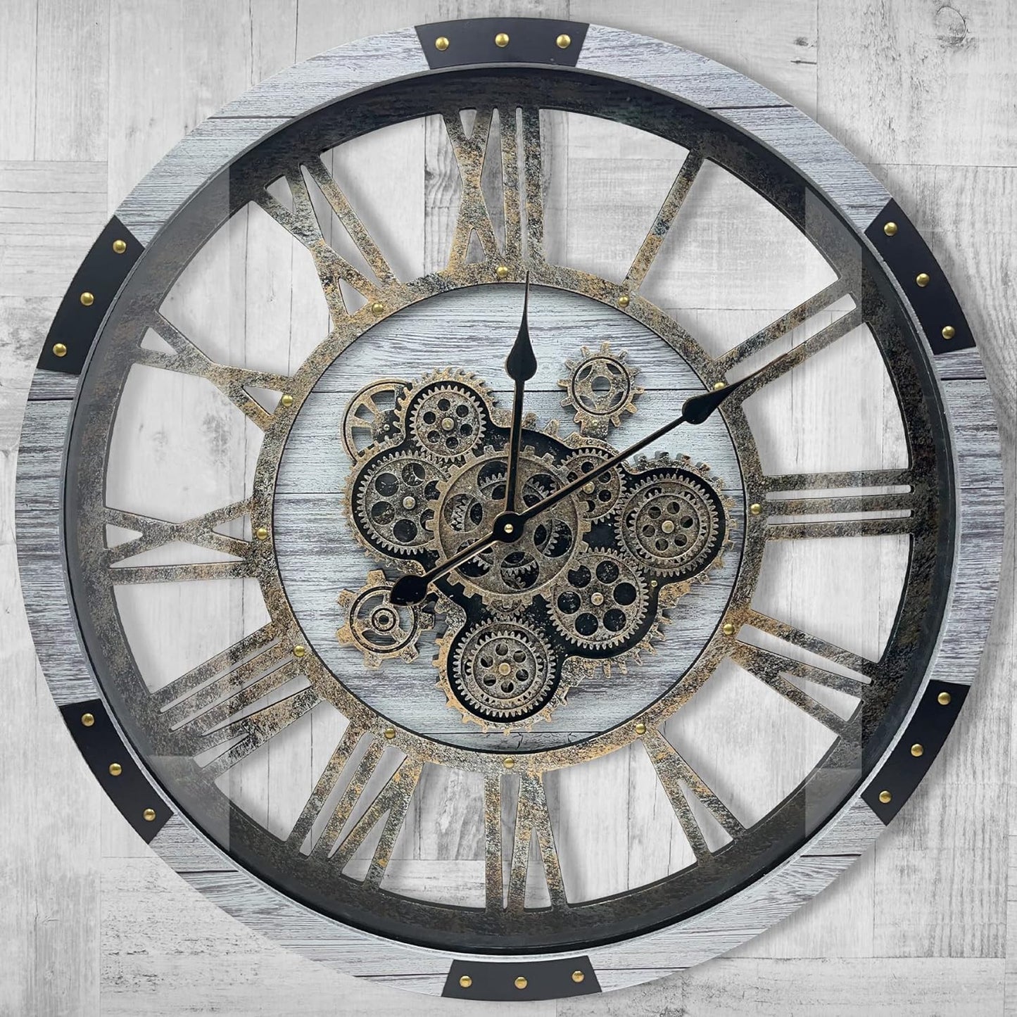 DORBOKER 27" Original Moving Gears Wall Clock, Large Industrial Wall Clock for Living Room Decor, Retro Metal Solid Wood Vintage Farmhouse Steampunk Rustic Clocks for Wall Decor,Silver Grey