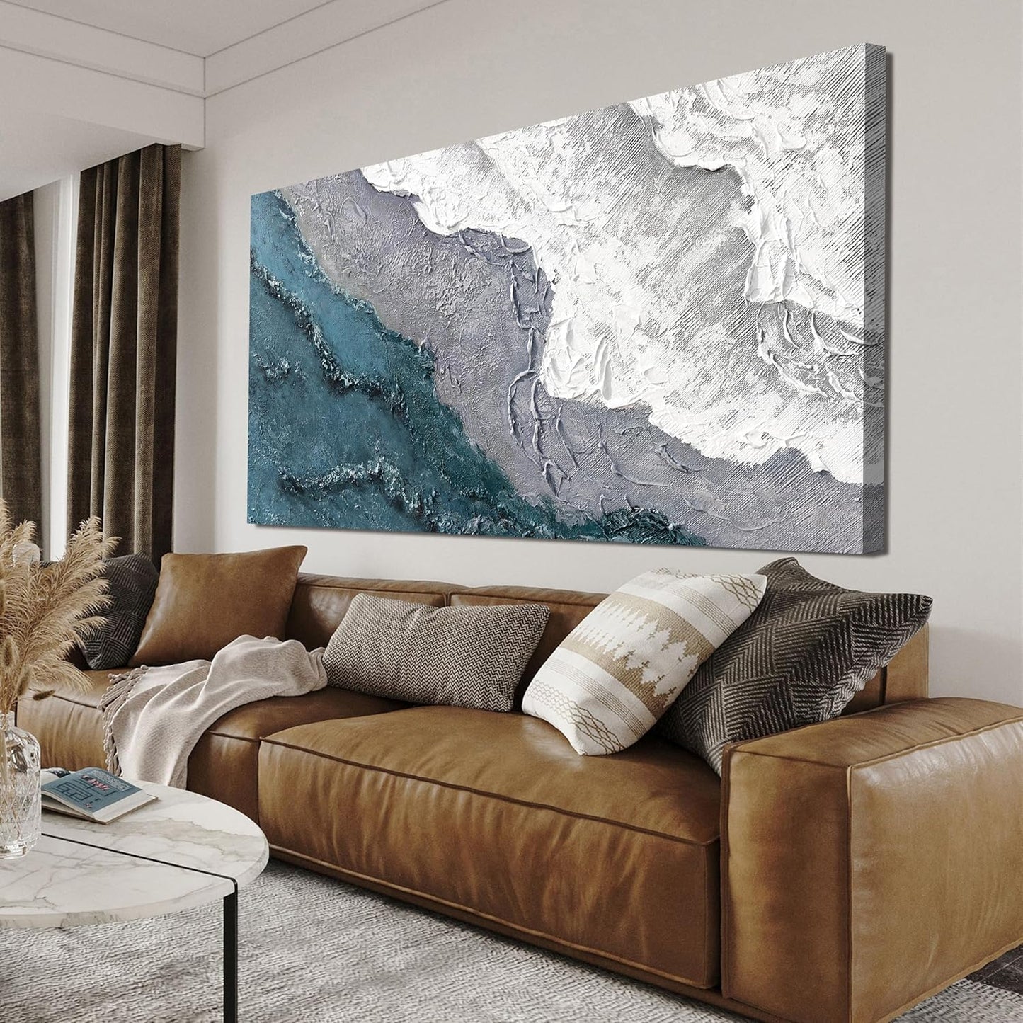 Abstract Wall Art Decor Large Modern Blue White Wall Art Prints Abstract Canvas Art Wall Decor Wave Artwork for Walls Coastal Minimalist Wall Art Decorations Bedroom Office Wall Art Decor 24" X 48"