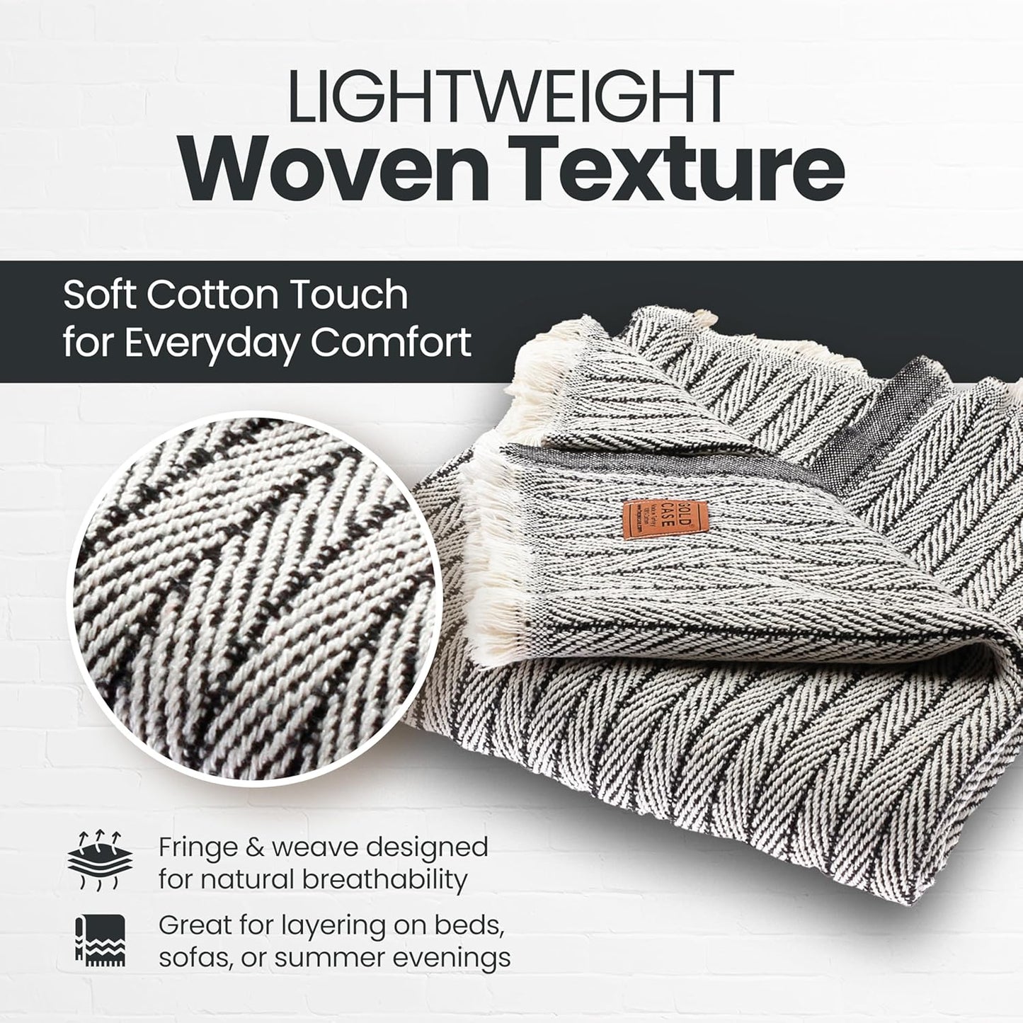 Gold Case Throw Blanket for Couch – 100% Recycled Turkish Cotton Blankets & Throws – Elegant Decorative Throw Blankets for Living Room Sofa – Woven Throws for Couch – Vintage Black – 60x80