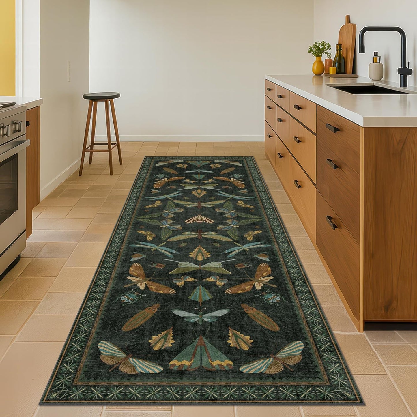 8 ft Long Hallway Runner Rug - Boho Green Rug for Kitchen Floor, Entrance Indoor, Washable Wide Runner Non Slip, Dark Green 2'6''x8'
