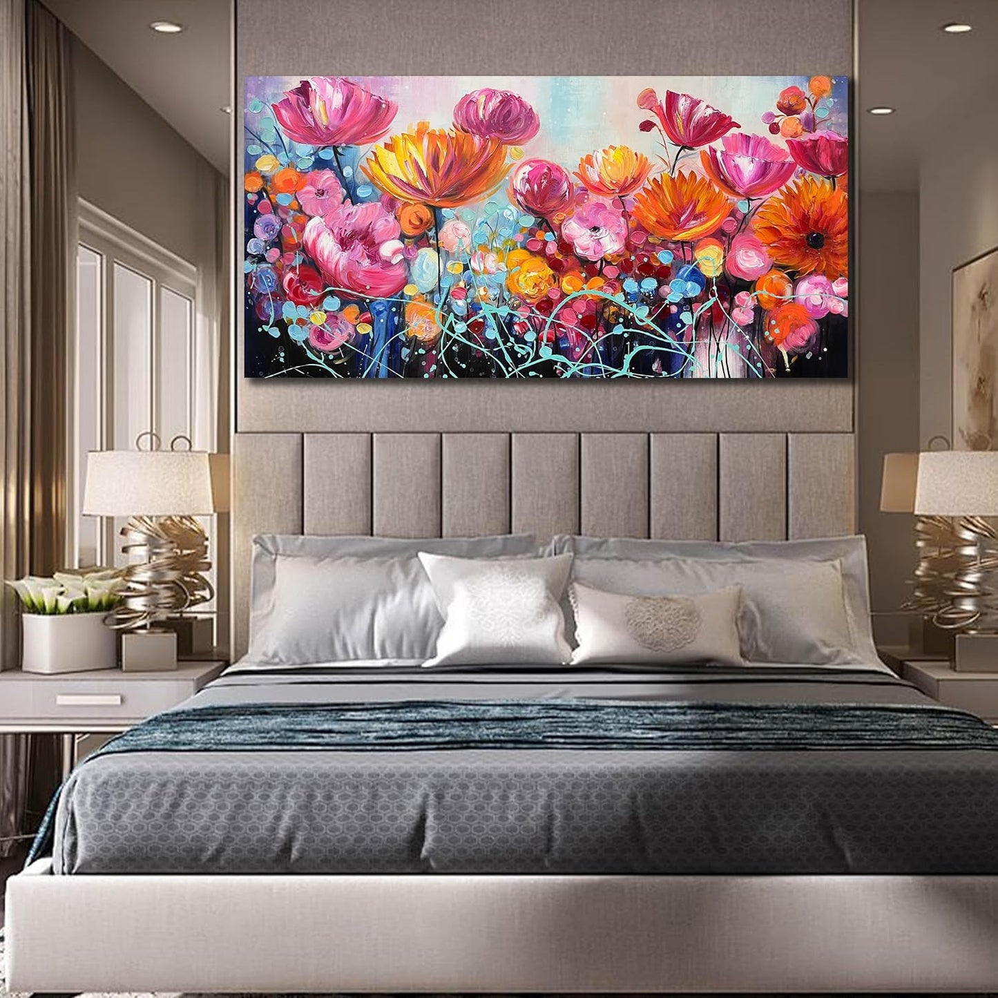 ENTANUB Flower Wall Art for Livng Room, Pink Floral Canvas Wall Decor for Bedroom, Hand Painted Artwork, Large Size 29x59 Inches